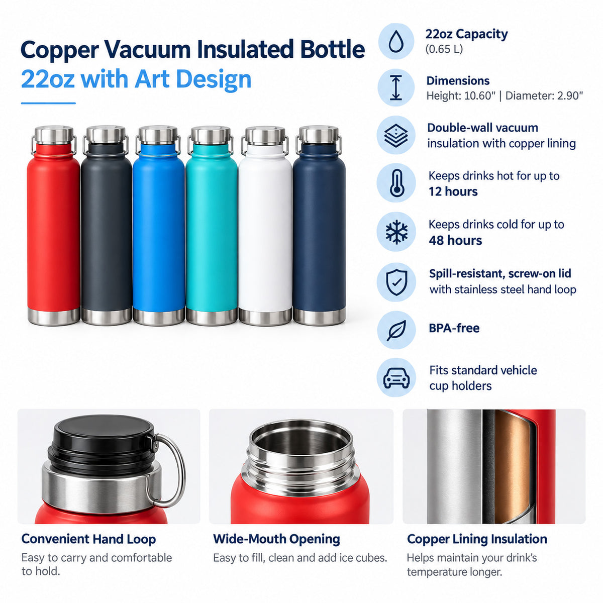 22oz Copper Insulated Water Bottle with Cartoon Design - CV37