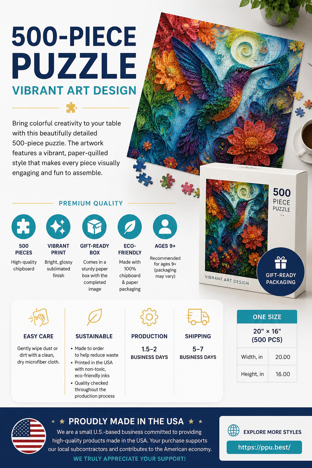 3D Colorful Cat Face Puzzle 500-Piece | Floral Cat Puzzle 500-Piece Ages 9+