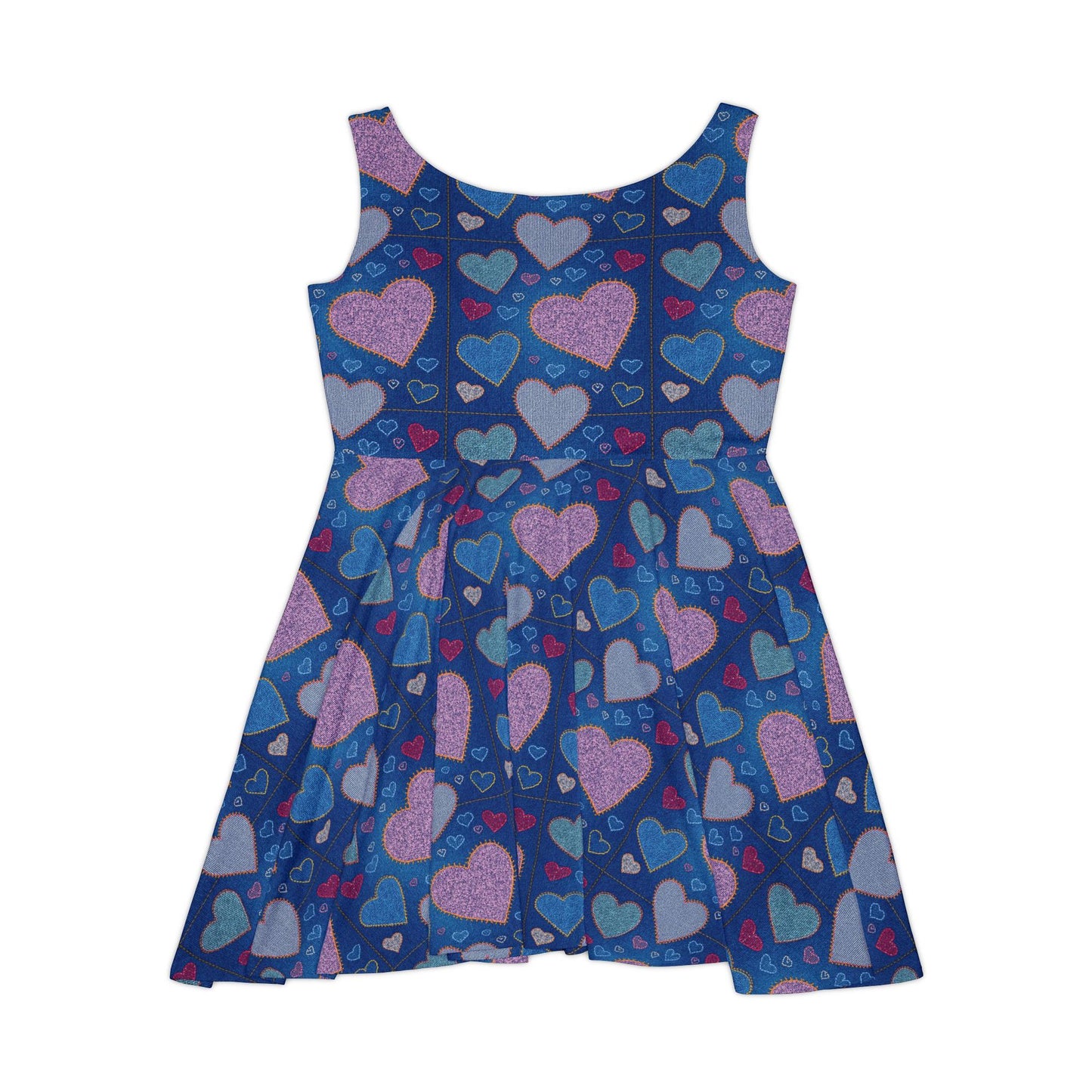 Women Hearts Denim Print Skater Dress, Denim Print Poly-Span Dress - 41