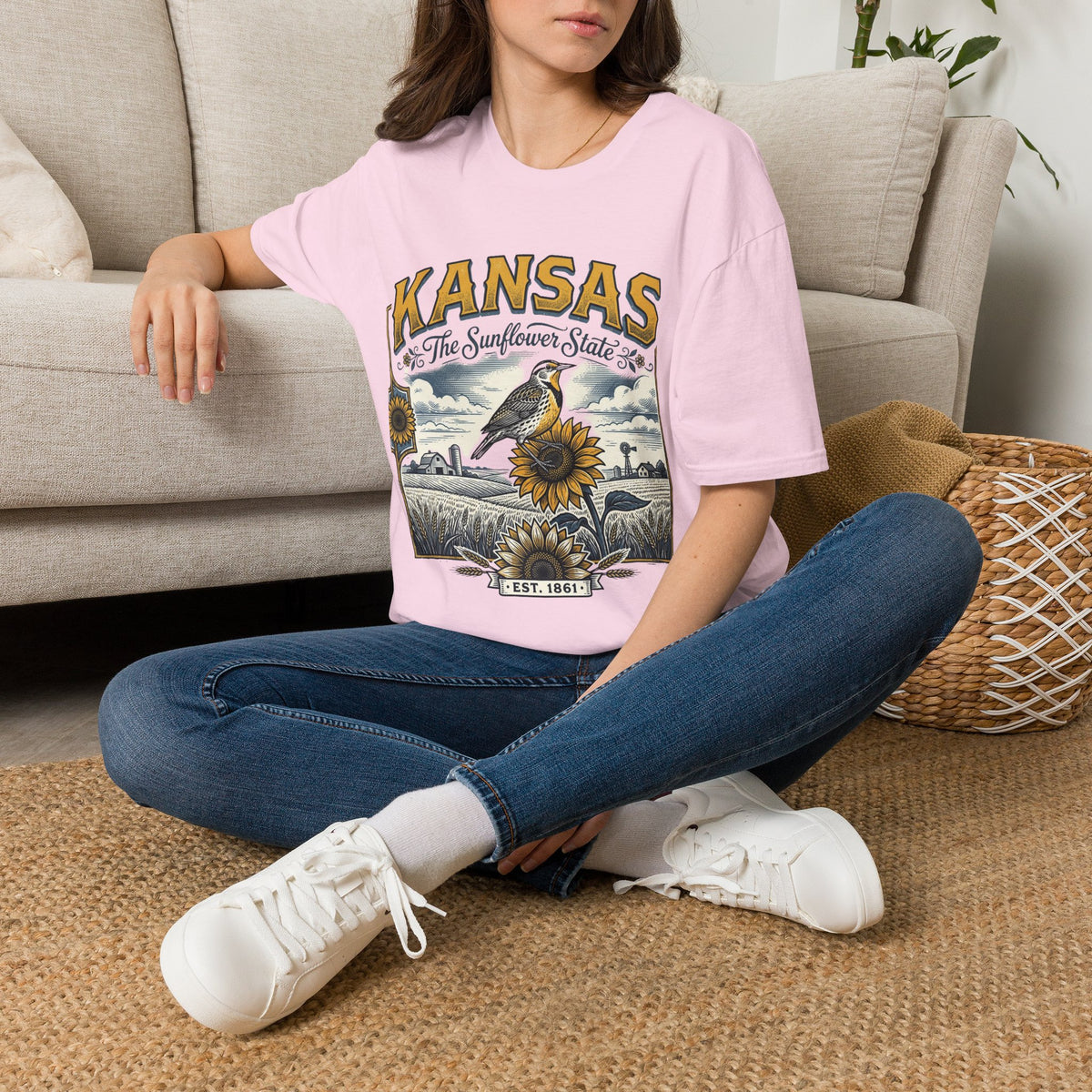 Kansas The Sunflower State T-Shirt | Vintage Meadow Bird Sunflower Design