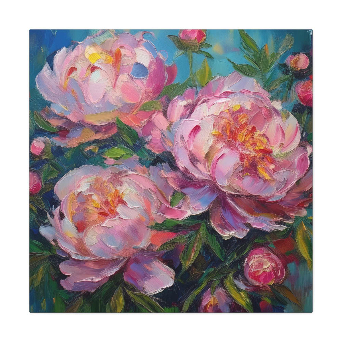 Pink Peonies Print Canvas, Floral Oil Paint Print 20x20, 24x24, 30x30, 32x32, 36x36 Art Design Pine-Wood Inner Frame MC-116