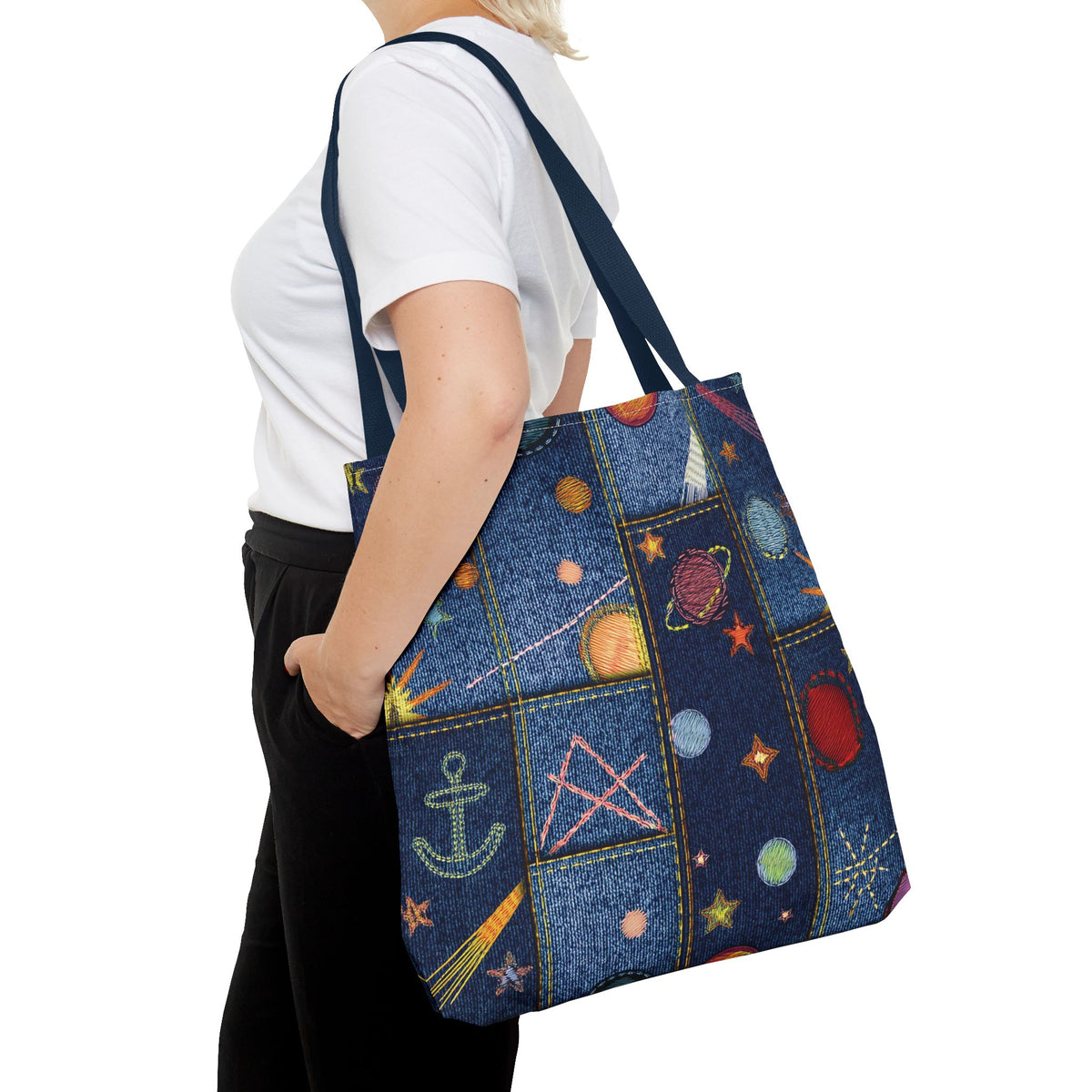 Denim Fabric Imitation Print Unisex Canvas Bag Poly Spun 3 Sizes Tote Bag 183-2