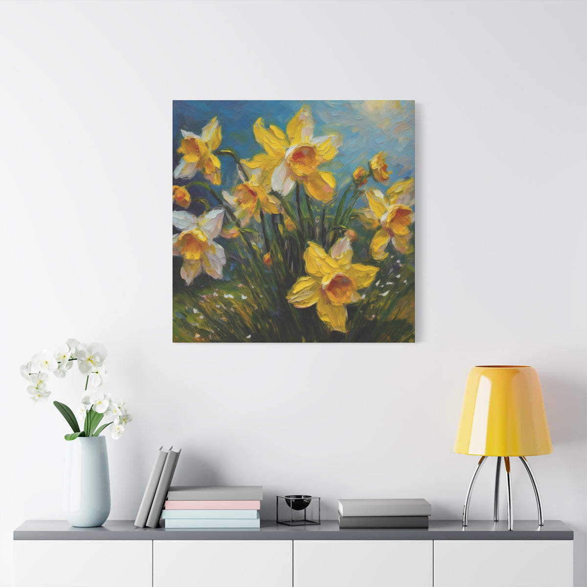 Narcissus Print Canvas, Floral Oil Paint Print 20x20, 24x24, 30x30, 32x32, 36x36 Art Design Pine-Wood Inner Frame MC-174