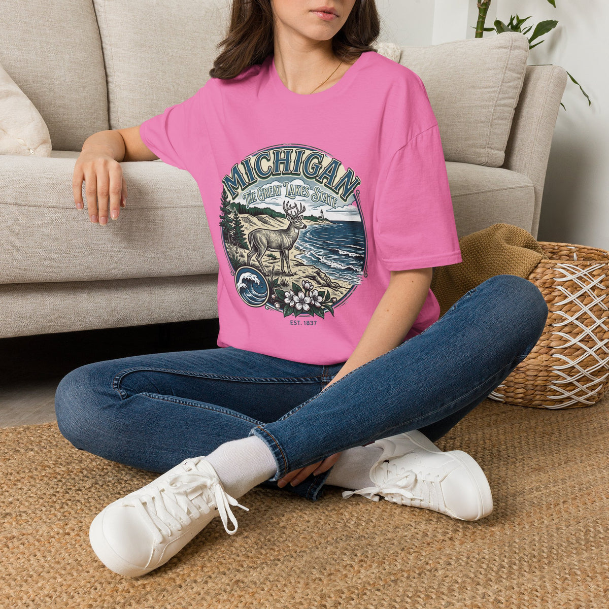 Michigan Deer Scenic T-Shirt — Vintage Great Lakes Travel Tourist Graphic Design Unisex 100 Cotton Gildan T-Shirt
