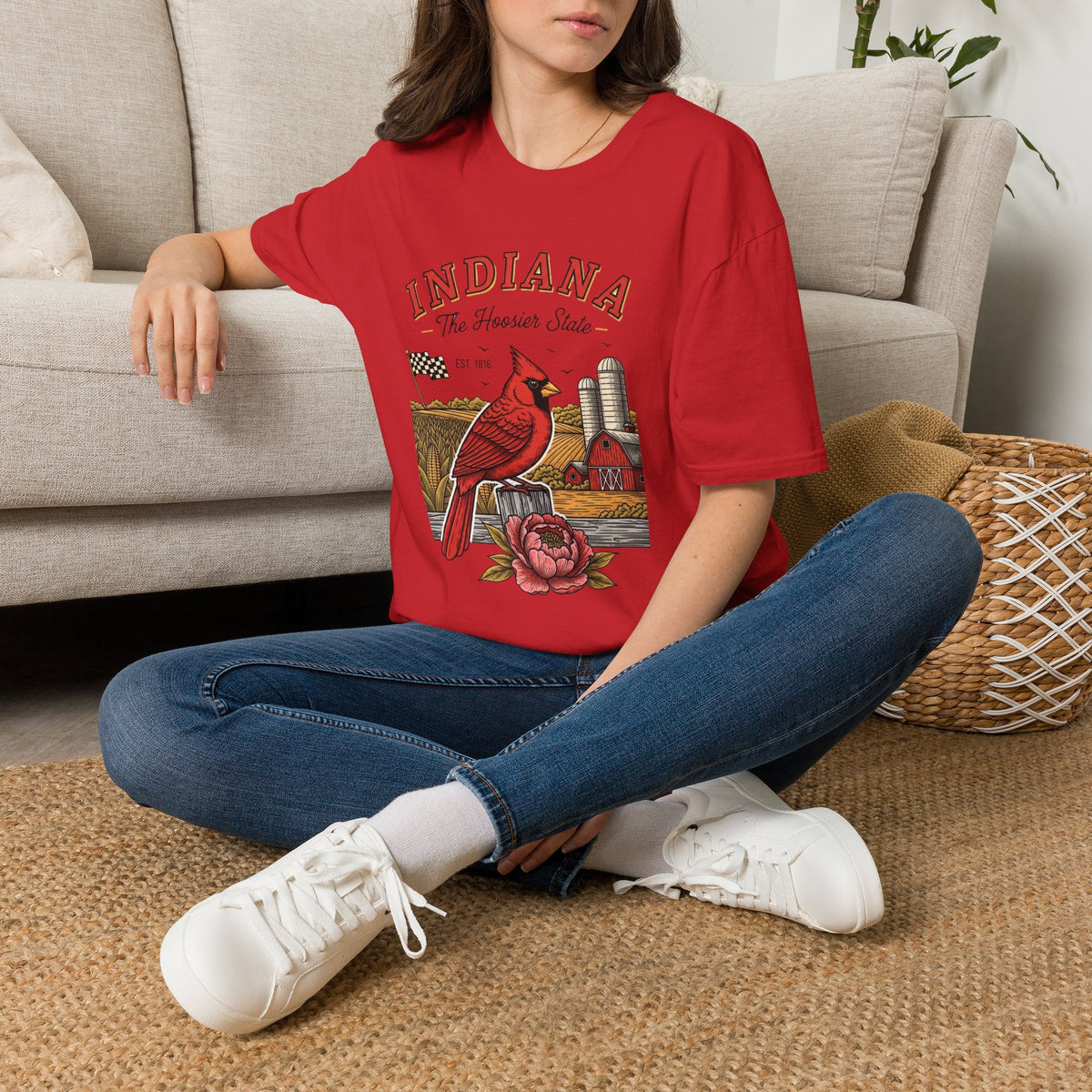 Indiana Cardinal Bird Farm Tee — Indiana The Hoosier State Graphic Travel Tourist Graphic Design Unisex 100 Cotton Gildan T-Shirt