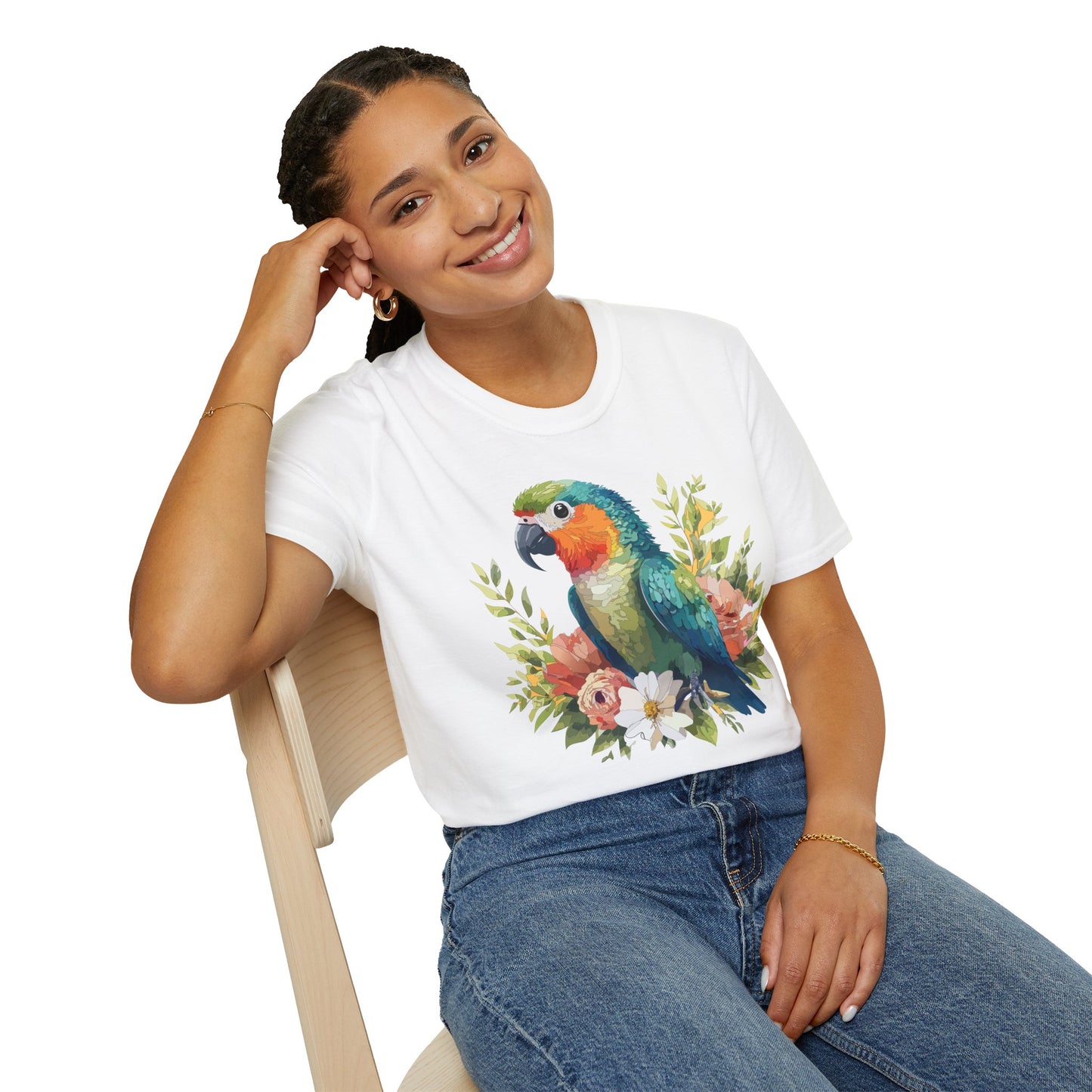 Watercolor Parrot Floral Tee Unisex Cotton Short Sleeves Tee Shirt with Bird 6