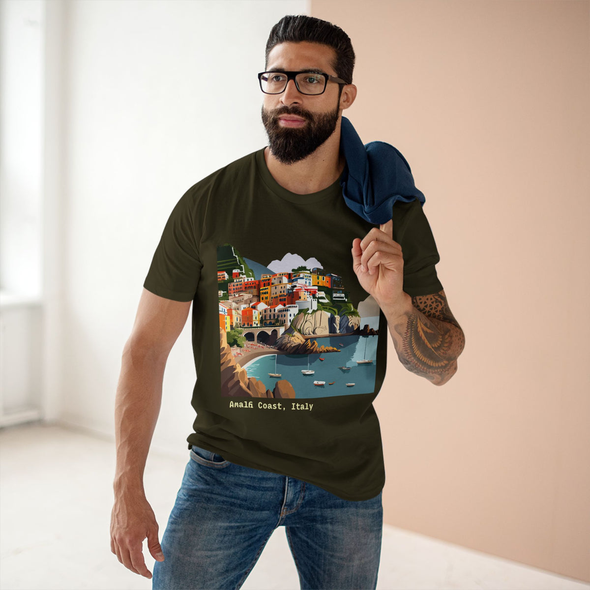 Amalfi Coast Italy illustration T-Shirt | Coastal village, sailboats, seaside print