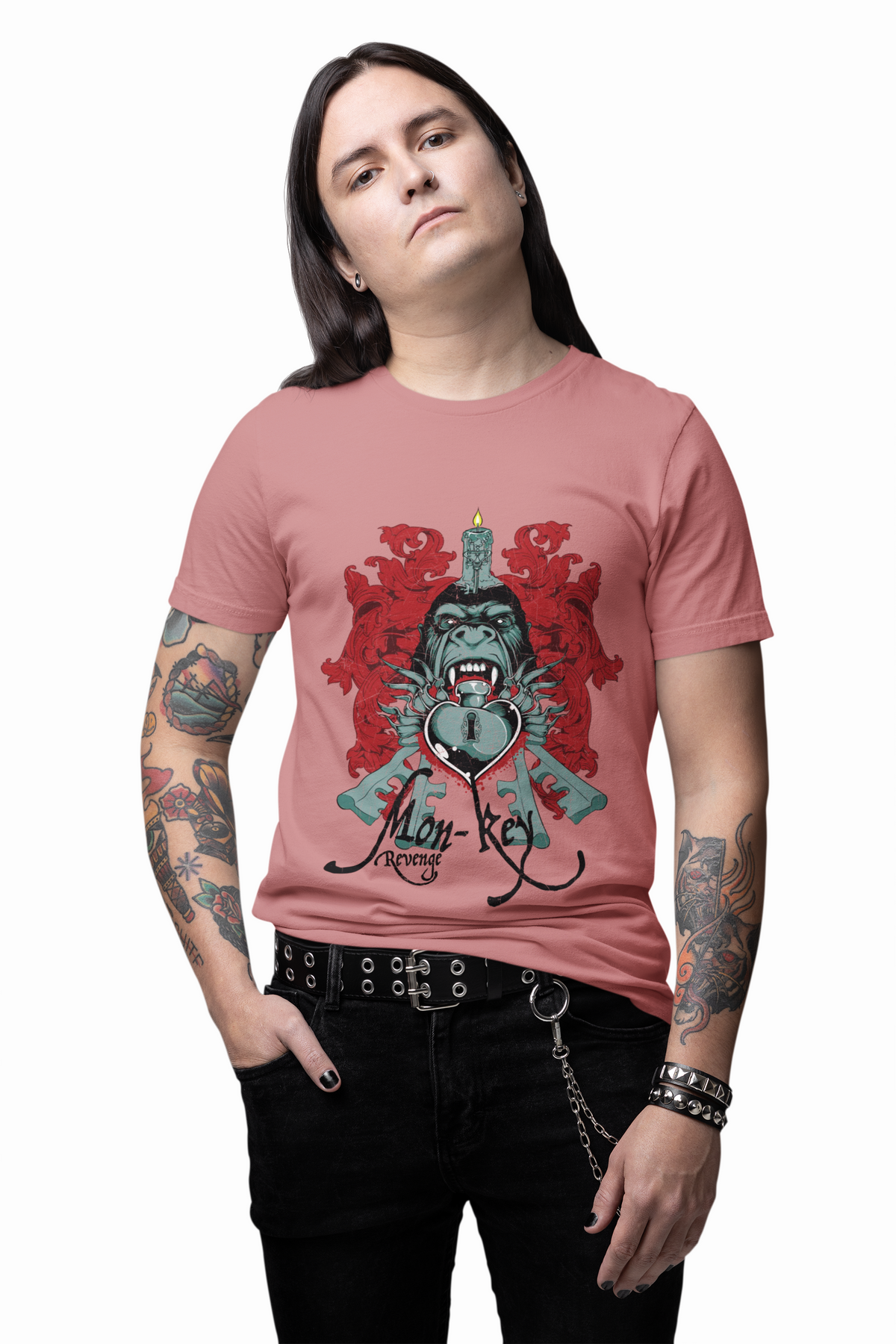 Gorilla Crest with Sword and Heart T-Shirt Heraldic Gothic Design Rock Band T-Shirt