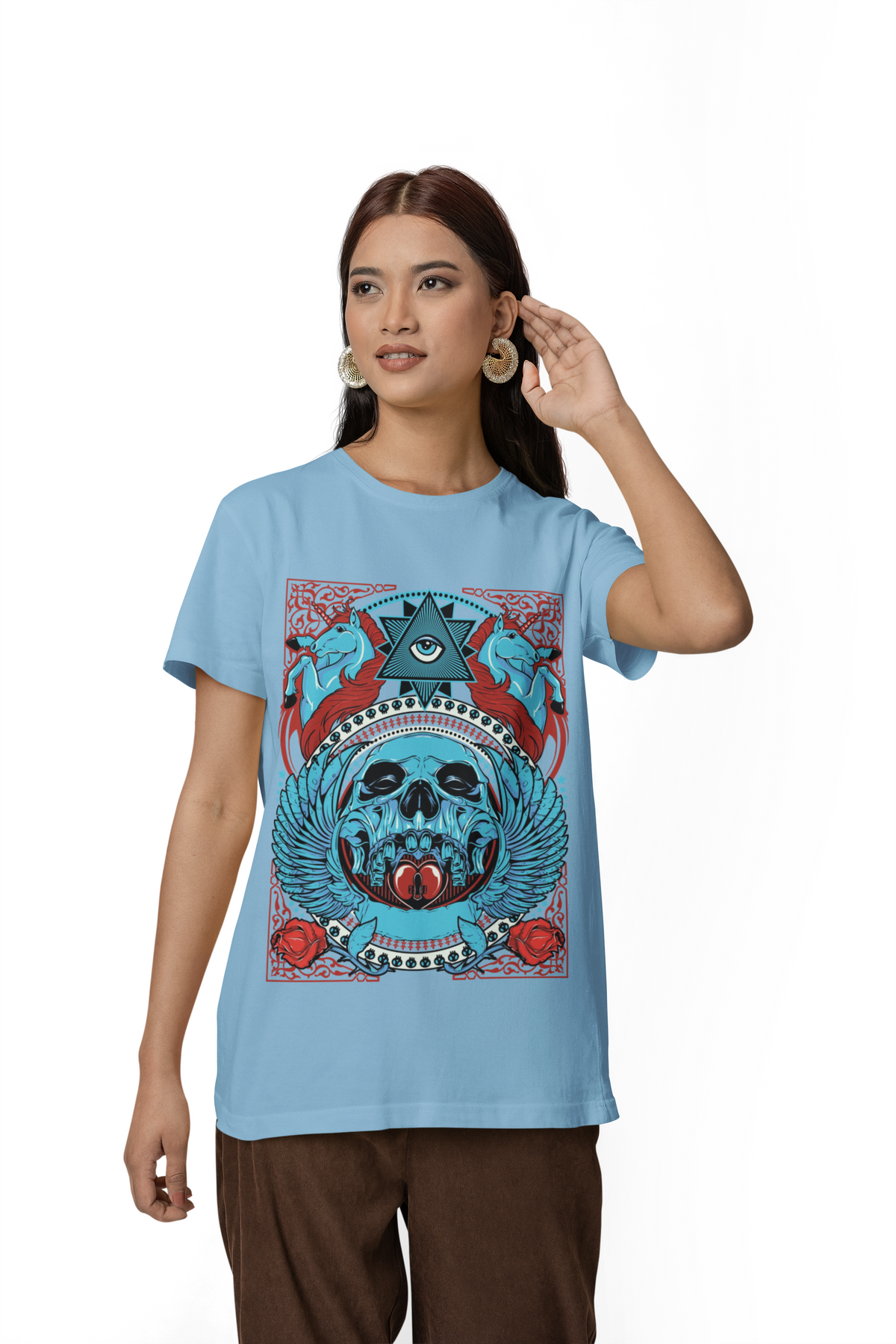 All-Seeing Skull Illustration Tee Winged Skull Third Eye Roses T-Shirt