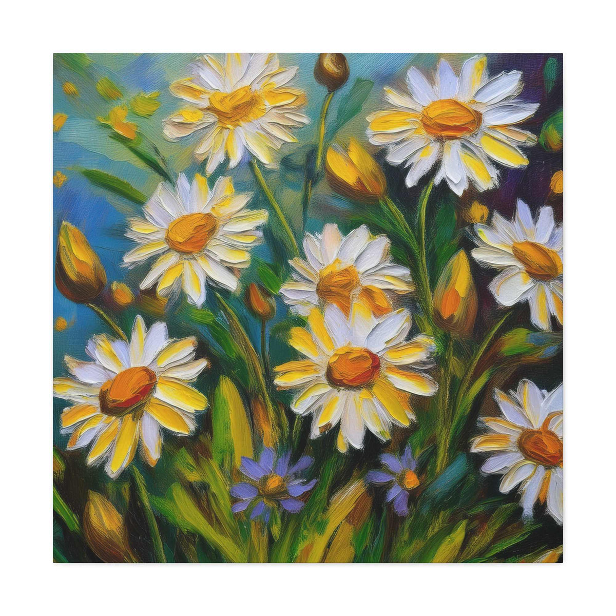 White Daisies Print Canvas, Floral Oil Paint Print 20x20, 24x24, 30x30, 32x32, 36x36 Art Design Pine-Wood Inner Frame MC-127