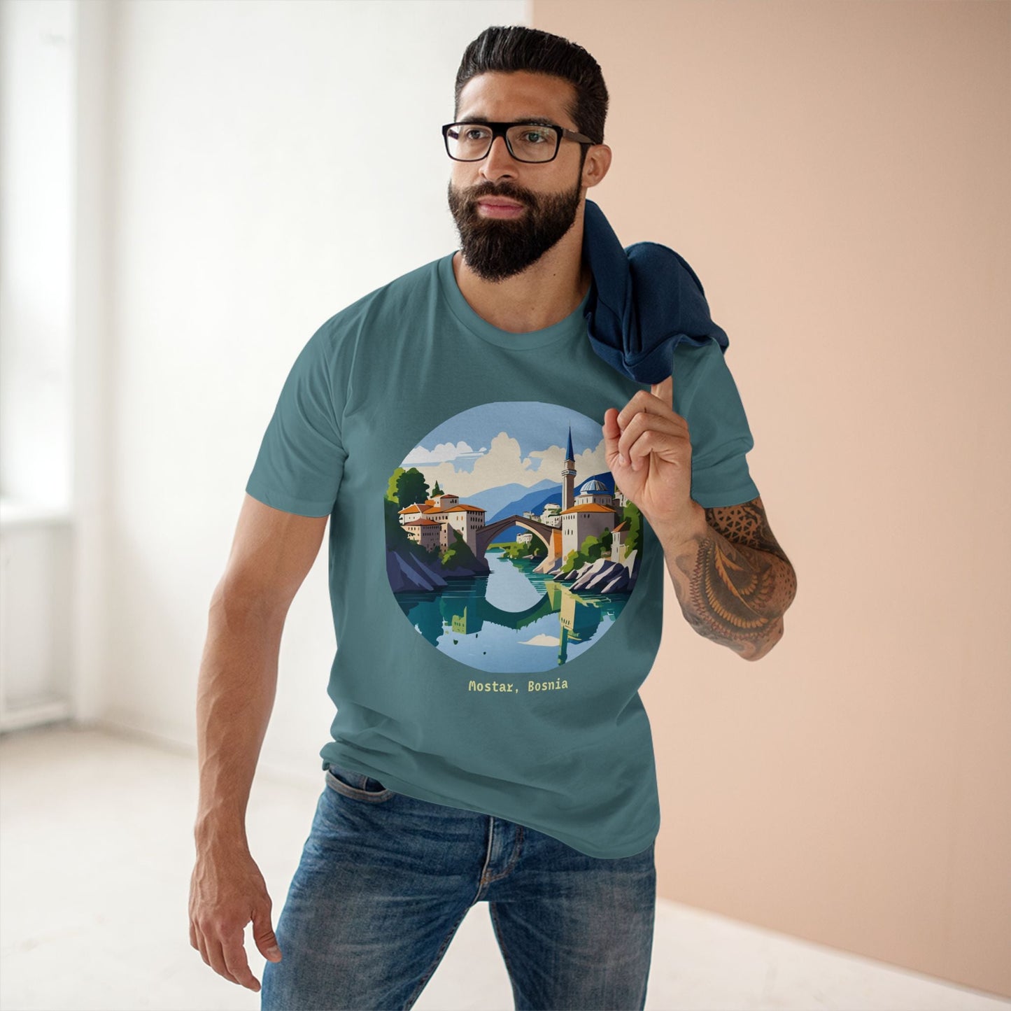 Unisex Premium Cotton Tee With Original Art Design Retro2Nova Travel And Bosnia Theme Shirt