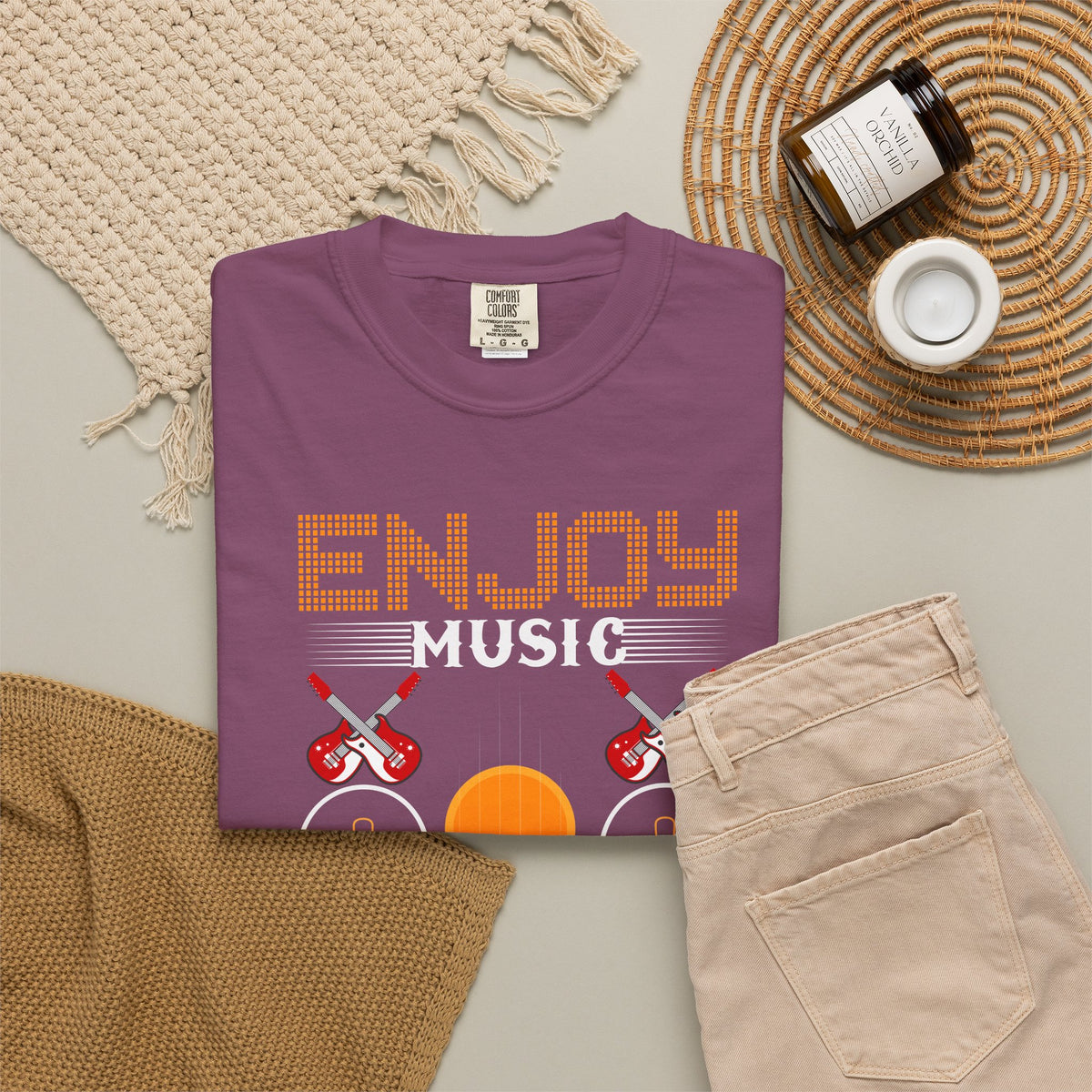 Enjoy Music Enjoy Life T-Shirt Retro Headphones Drum Guitar Unisex Cotton Tee 049