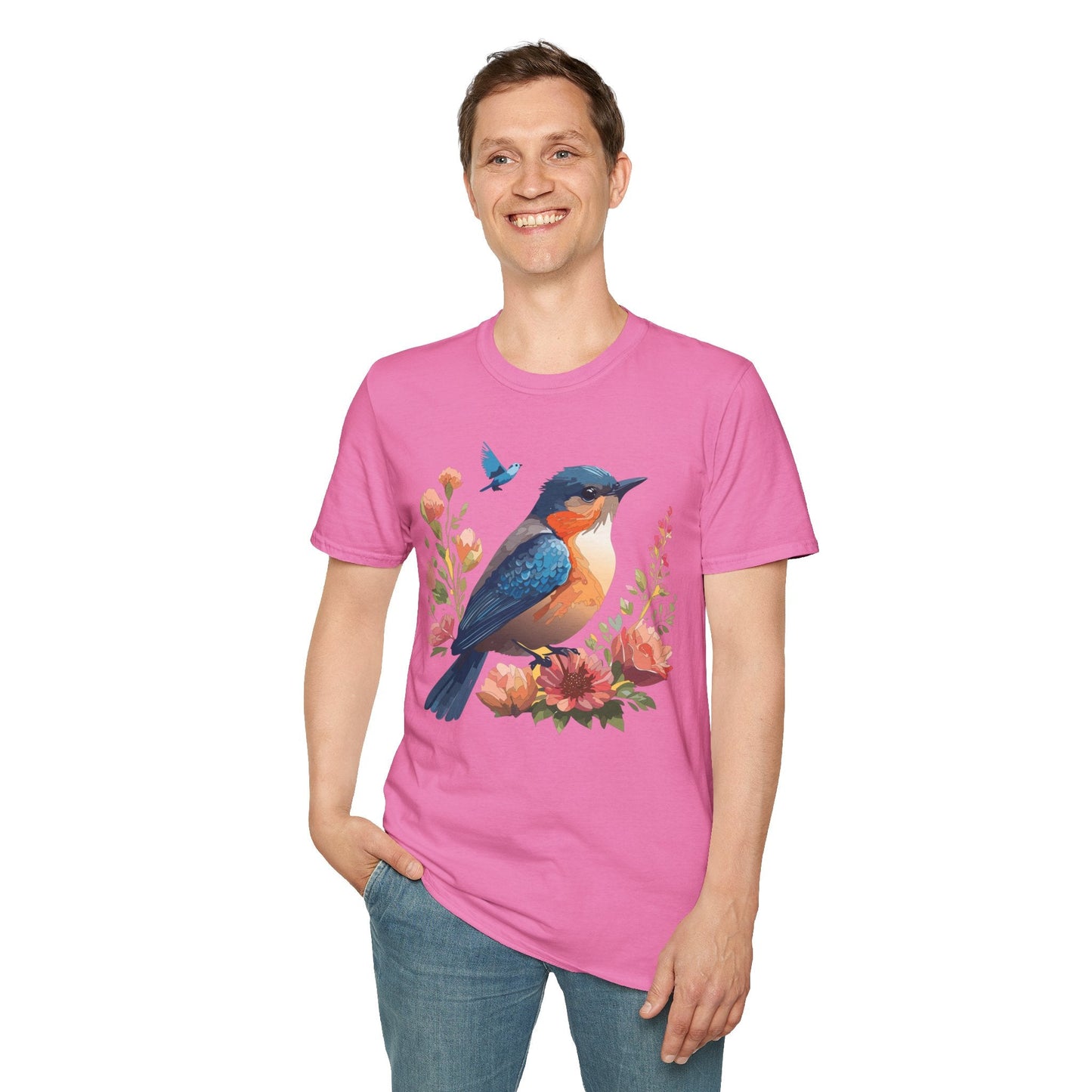 Unisex Floral Bird T Shirt Softstyle 64000 Gildan Ring Spun Cotton Tee Relaxed Fit