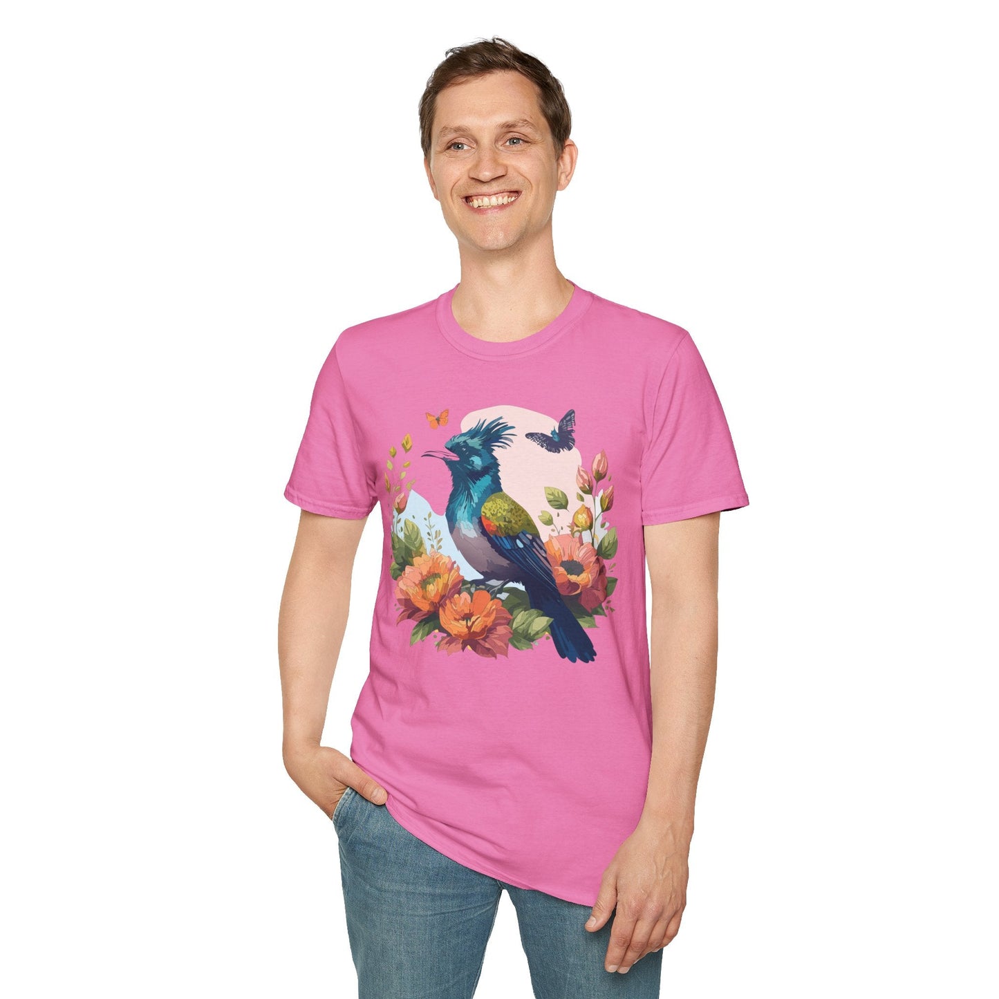 Floral Bird T Shirt Unisex Tee 100 Percent Ring Spun Cotton Softstyle Gildan 64000 Comfort Fit