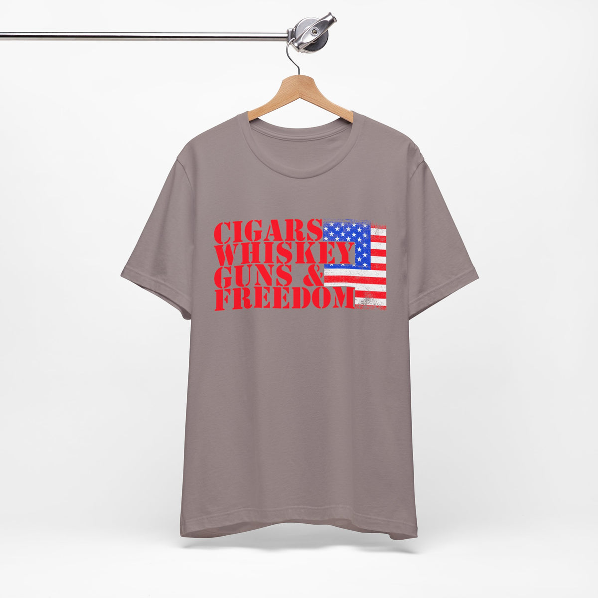 Cigars Whiskey Guns Freedom T-Shirt American Flag Text Graphic Unisex Cotton a2