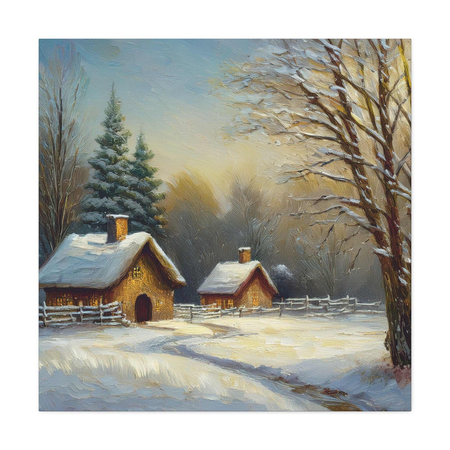 Countryside Winter Print Canvas, Oil Paint Print 20x20, 24x24, 30x30, 32x32, 36x36 Art Design Pine-Wood Inner Frame MC-113