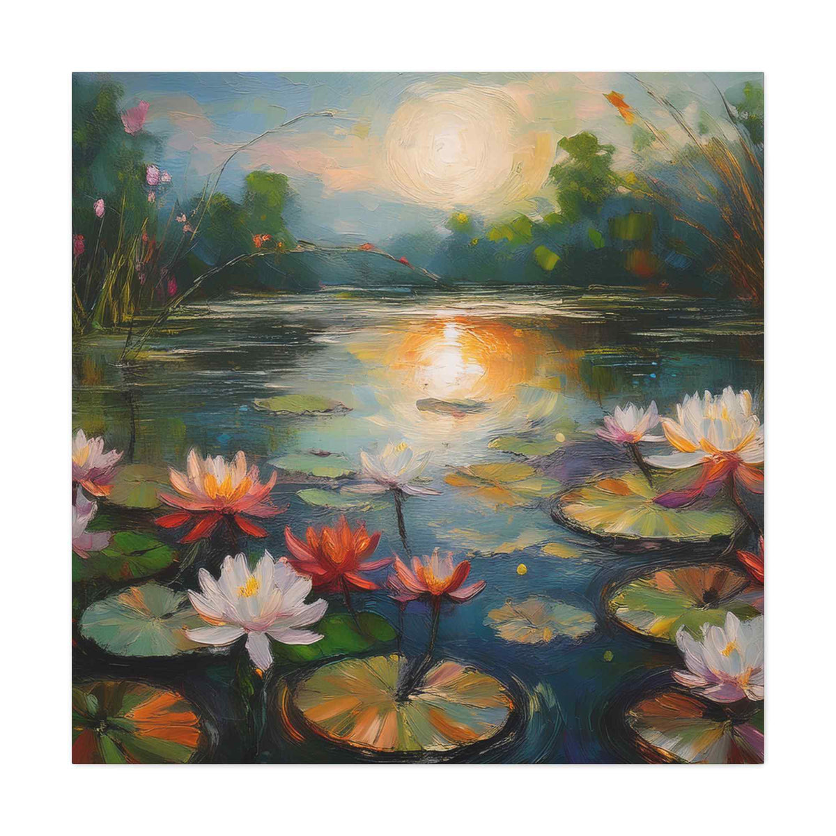 Water Lilies Print Canvas, Oil Paint Print 20x20, 24x24, 30x30, 32x32, 36x36 Floral Art Print Pine-Wood Inner Frame MC-66