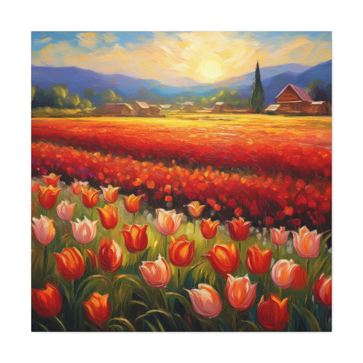 Tulips Fields Print Canvas, Floral Oil Paint Print 20x20, 24x24, 30x30, 32x32, 36x36 Art Design Pine-Wood Inner Frame MC-148