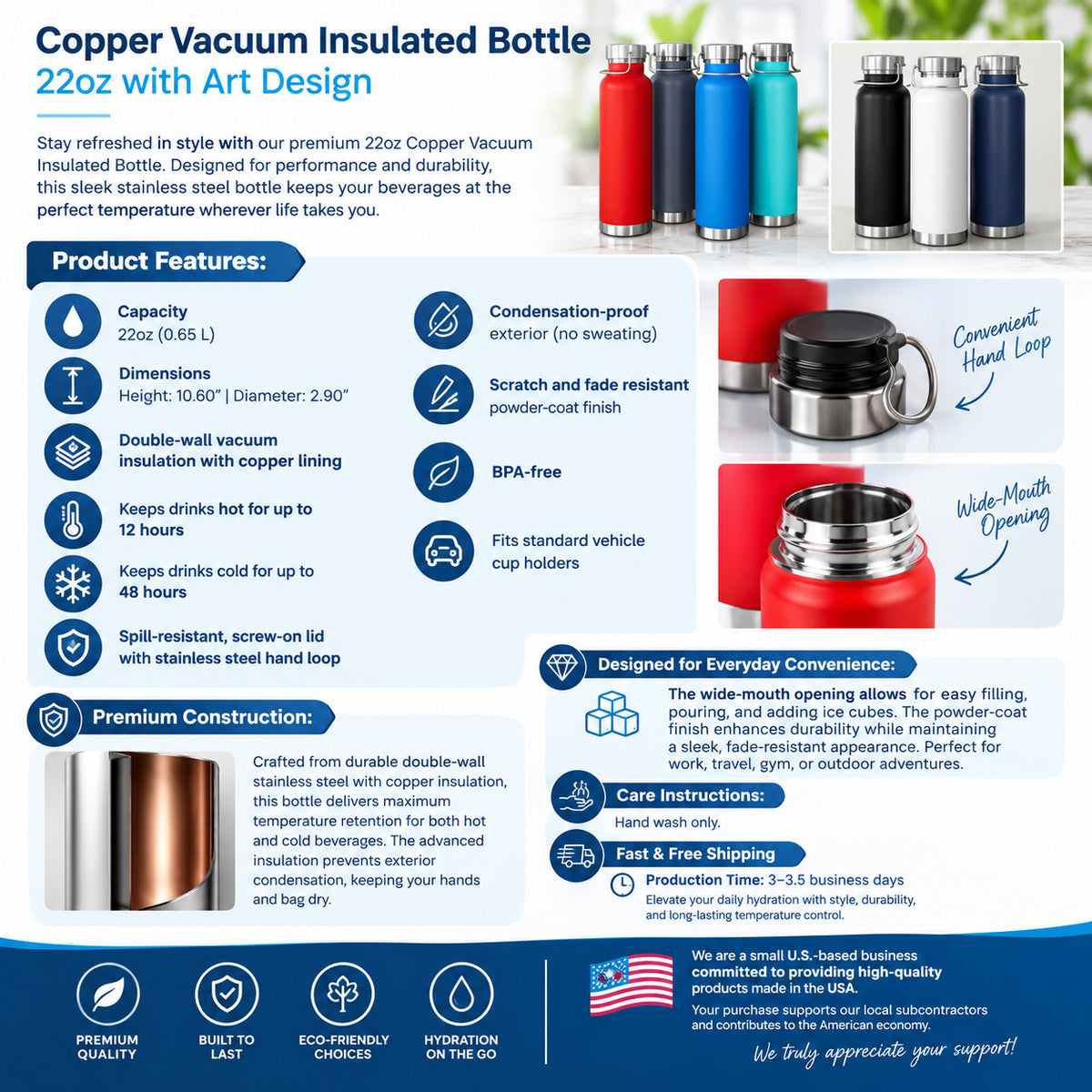 22oz Copper Insulated Water Bottle with Cartoon Design - CV37