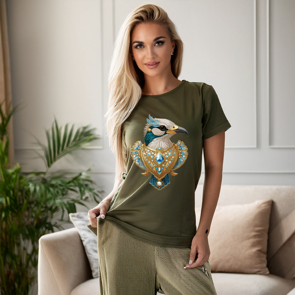 Bird Graphic Unisex 100 Cotton Tee With Unique Animal Golden Medallion Art Design 17