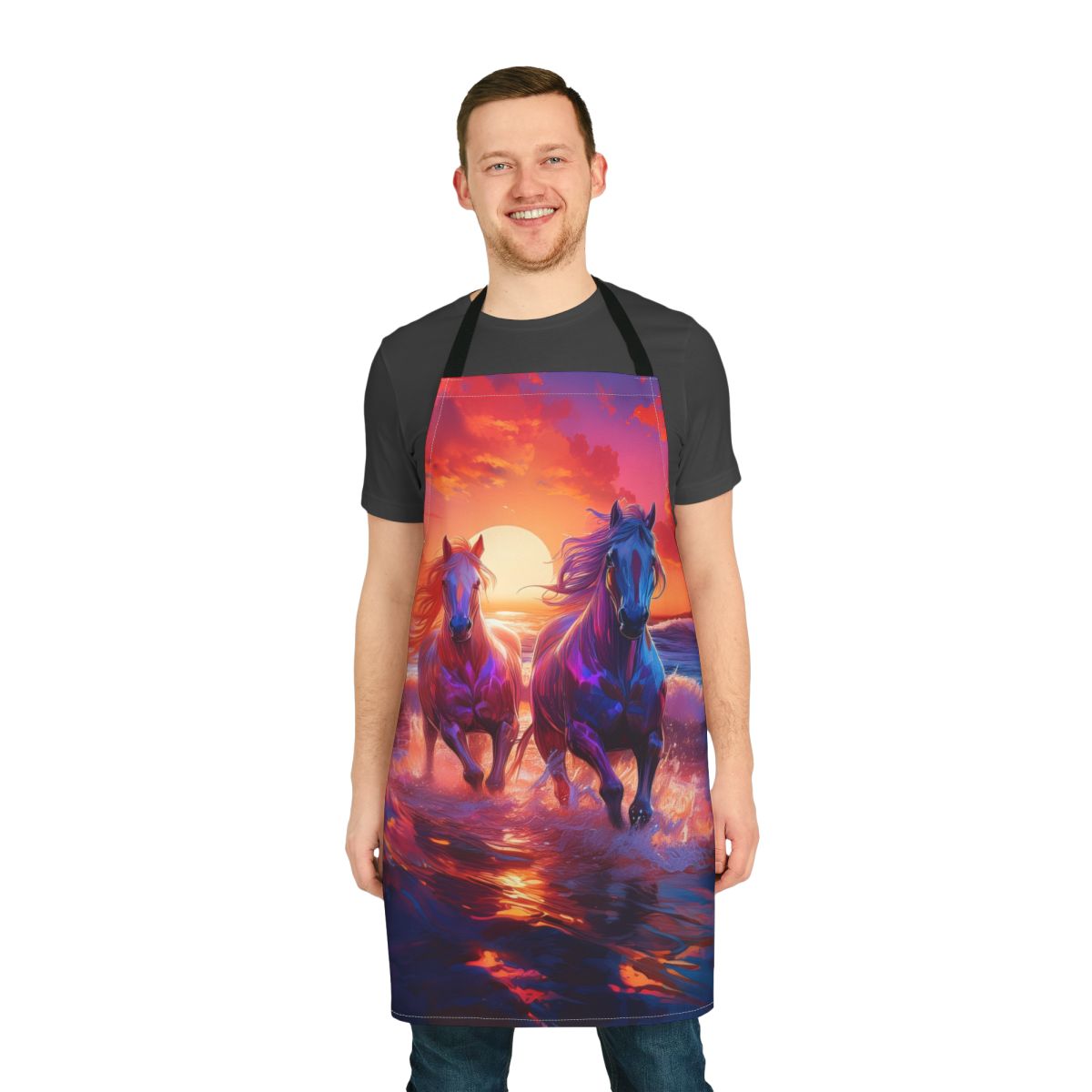 Sunset Horses Apron — Vibrant Beach Horse Print Cooking Apron Stain-Resistant - Art Print Canvas Apron
