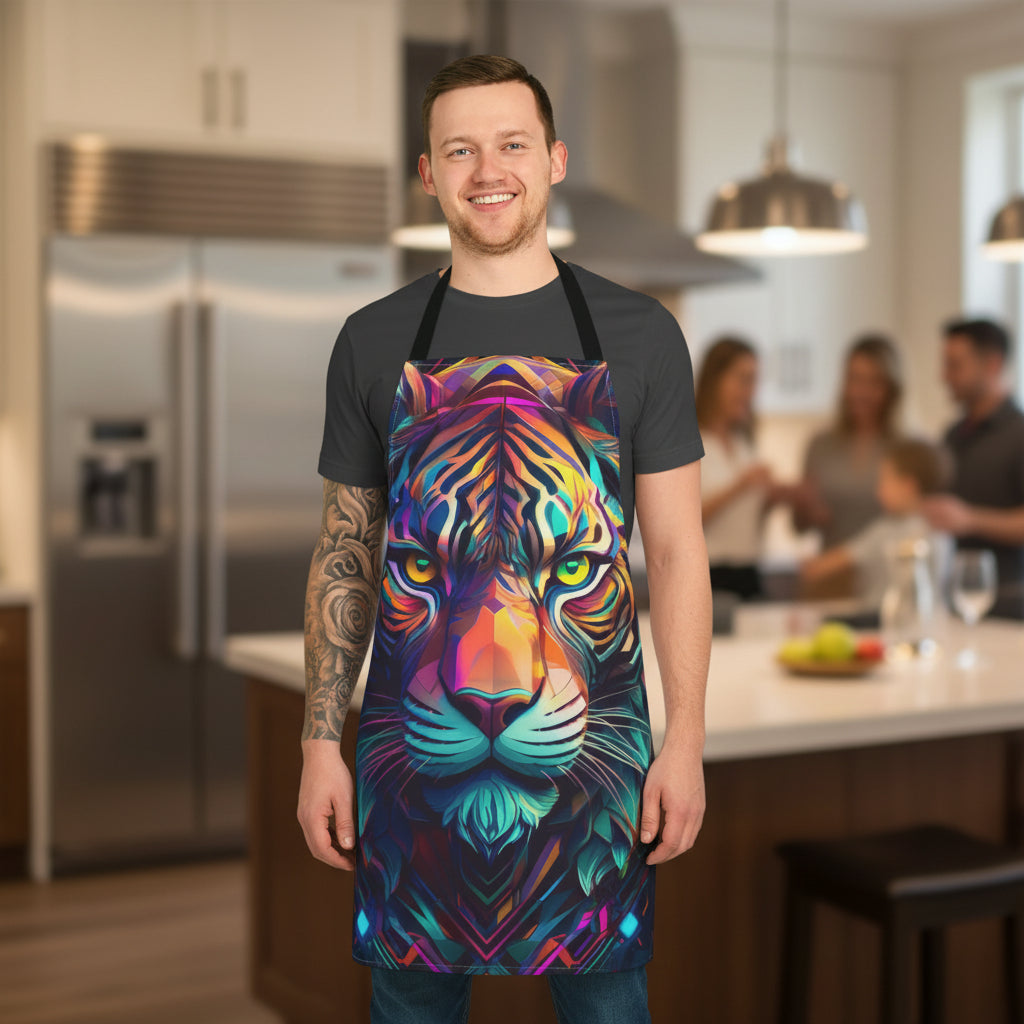 Tiger Face Apron — Vibrant Neon Wildlife Kitchen Apron for Chefs & Grillers Stain-Resistant - Art Print Canvas Apron