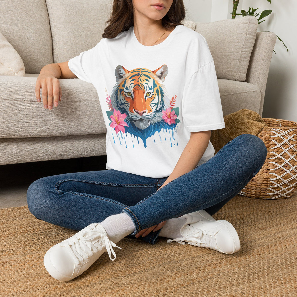 Watercolor Tiger with Floral Accents T-Shirt | Tropical Animal Art