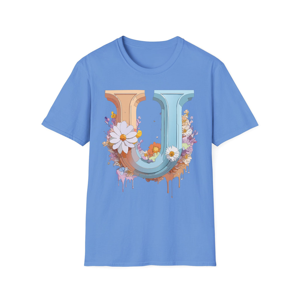 Floral Letter U T-Shirt | Vintage Block Initial with Daisies