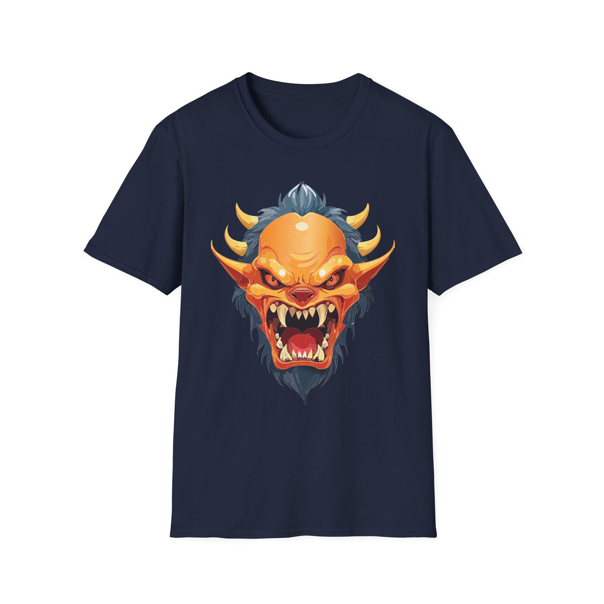 Demonic Oni Mask T-Shirt — Fierce Japanese Demon Face Cartoon Graphic Tee Unisex 100 Cotton Gildan T-Shirt