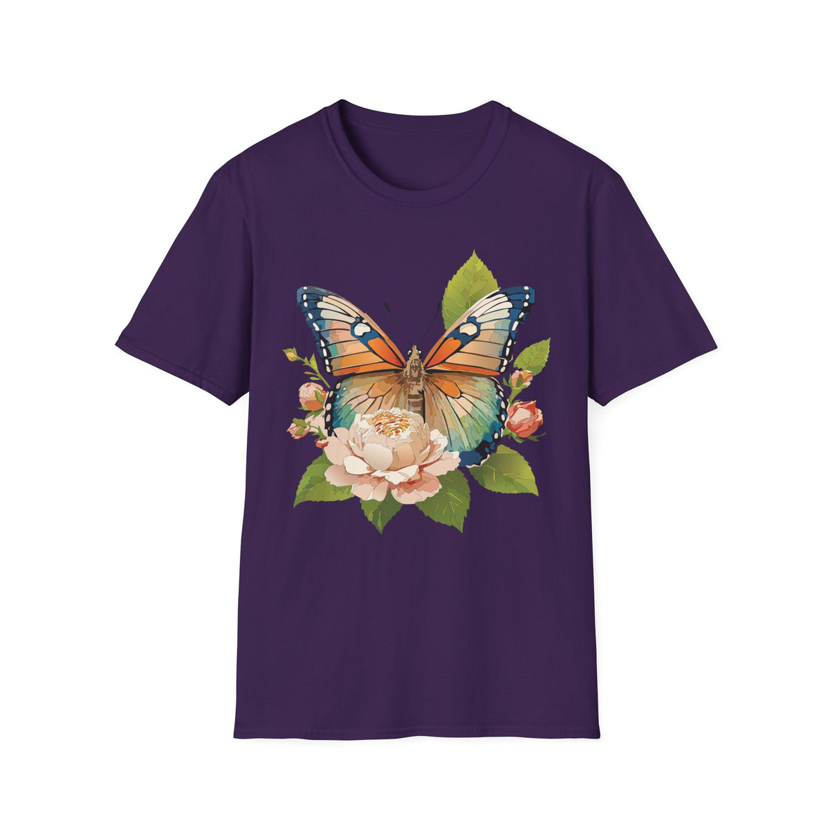 Butterfly Floral T-Shirt — Watercolor Monarch & Roses Graphic Tee Unisex 100 Cotton Gildan T-Shirt