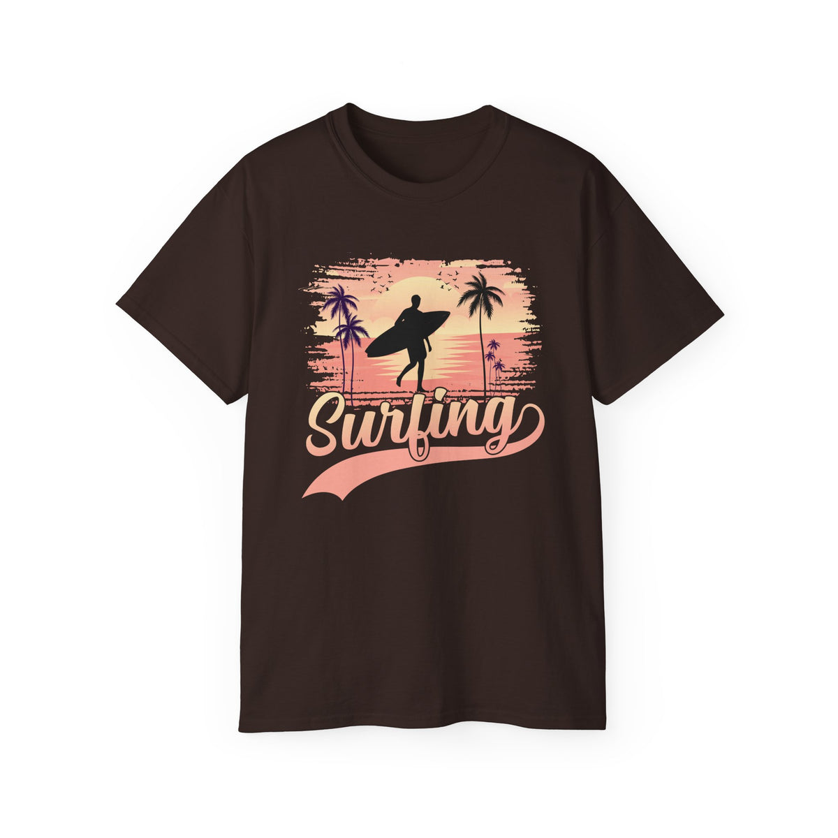Surfing Silhouette Sunset T-Shirt | Palm Trees, Retro Wave Graphic