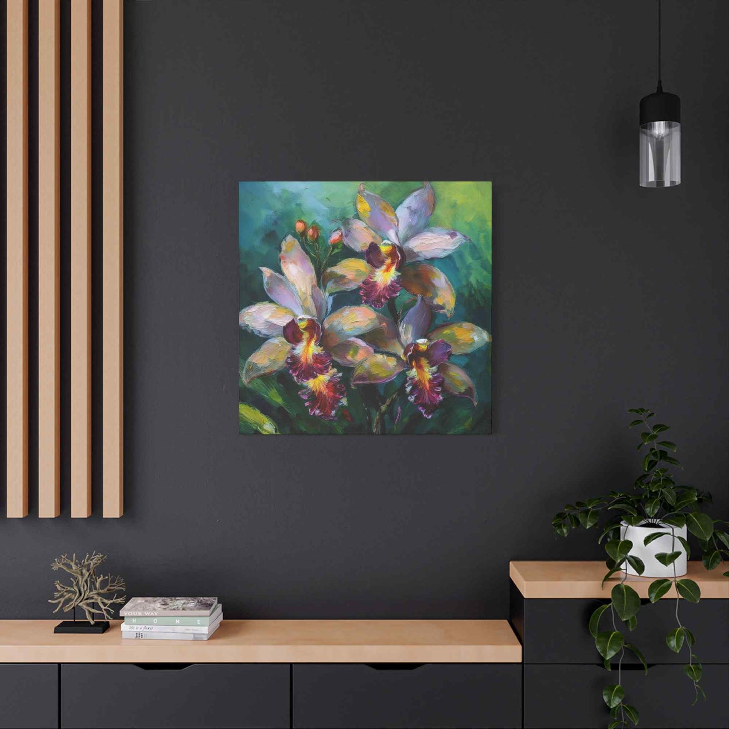 Blue Orchids Print Canvas, Floral Oil Paint Print 20x20, 24x24, 30x30, 32x32, 36x36 Art Design Pine-Wood Inner Frame MC-134
