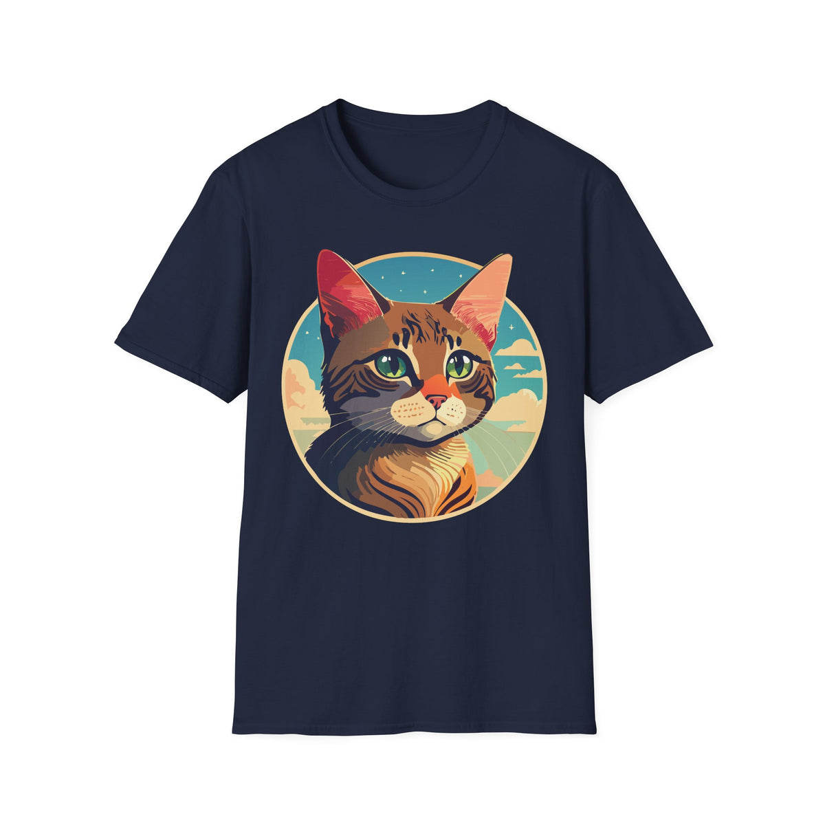 Retro Sunset Tabby Cat T-Shirt | Vintage Cat Portrait, Nautical Sky