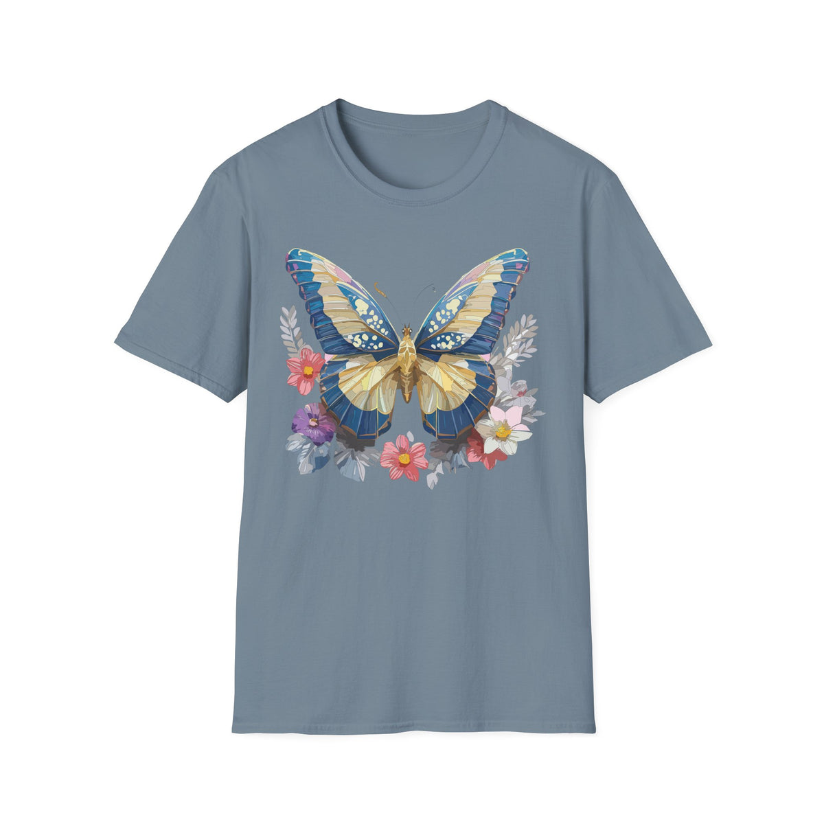 Blue Yellow Butterfly T-Shirt | Floral Wings Nature Graphic Tee Unisex 100 Cotton Gildan T-Shirt