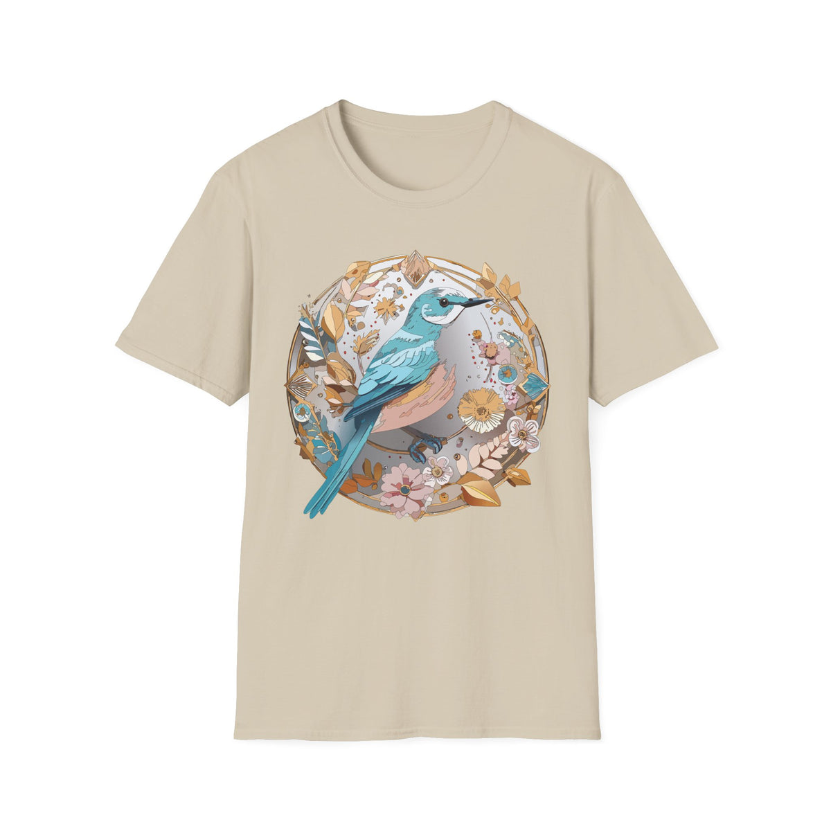 Blue Bird Floral Wreath T-Shirt | Botanical Bird Illustration