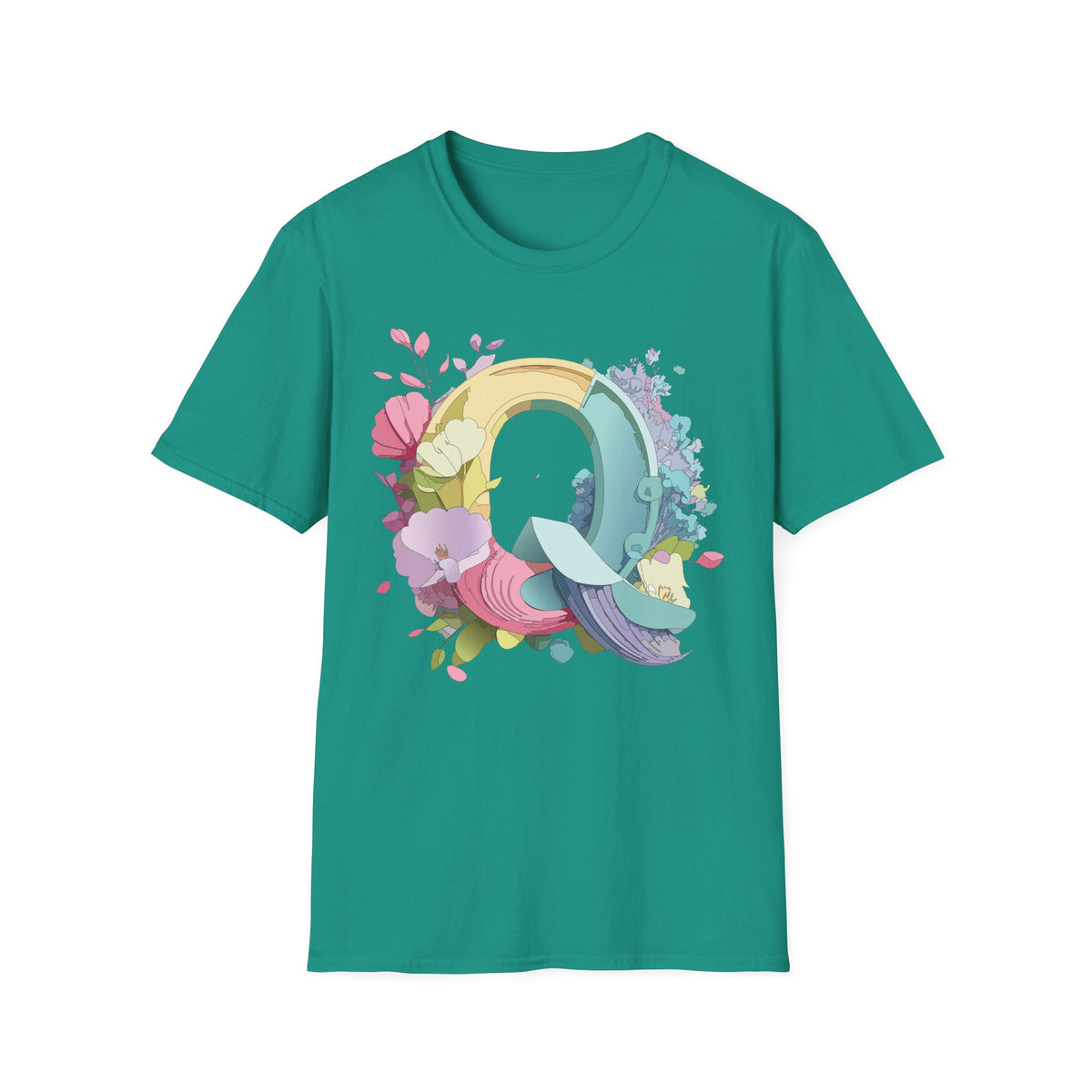 Floral Letter Q T-Shirt | Pastel Rainbow Monogram Tee