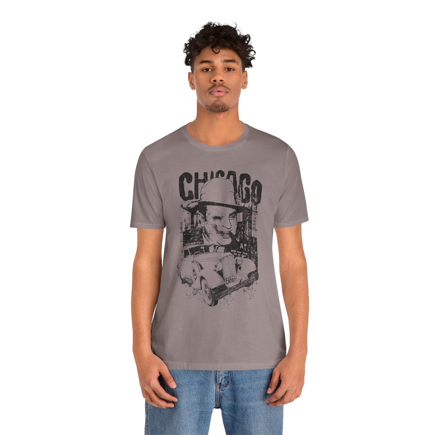 Chicago Retro Mobster Illustration Tee Vintage Car Cityscape Art Design T-Shirt A-8