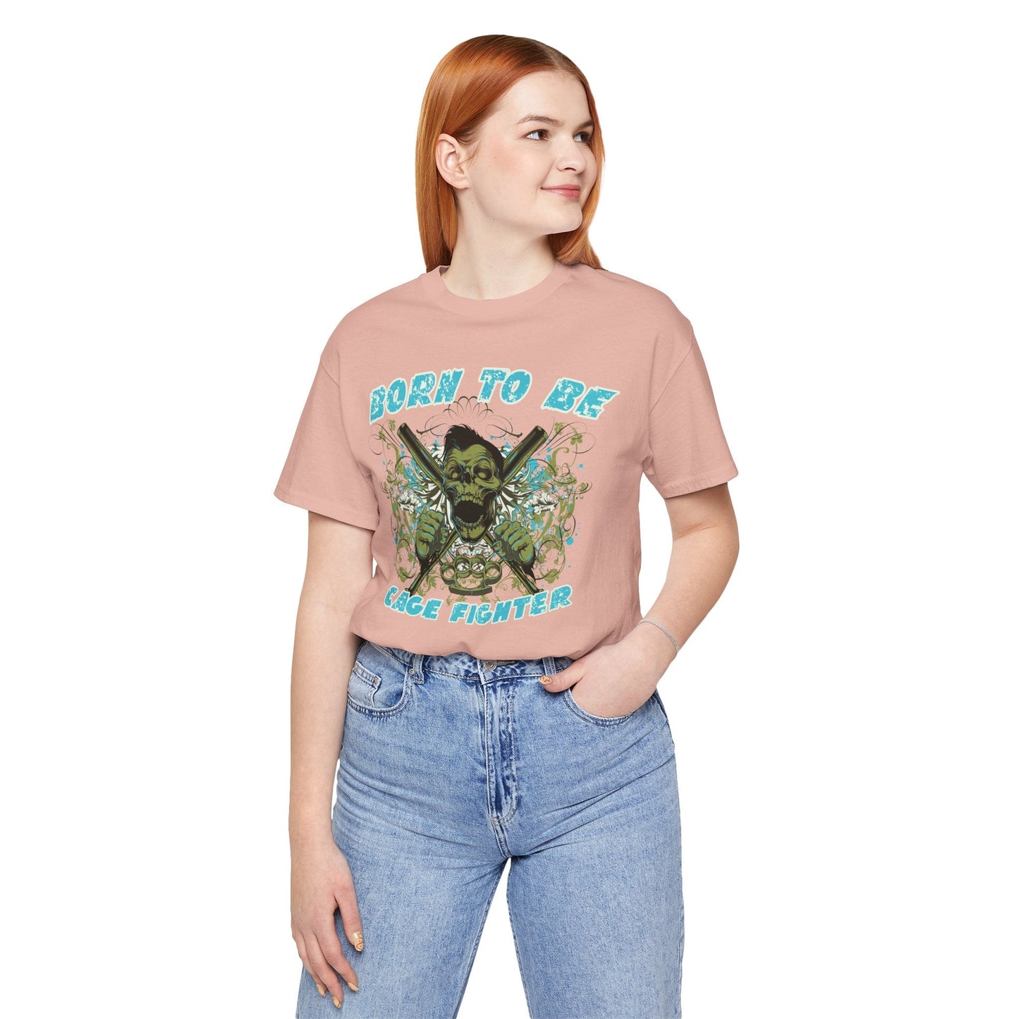 Born To Be Cage Fighter Tee Skull Crossed Knives Graphic T-Shirt