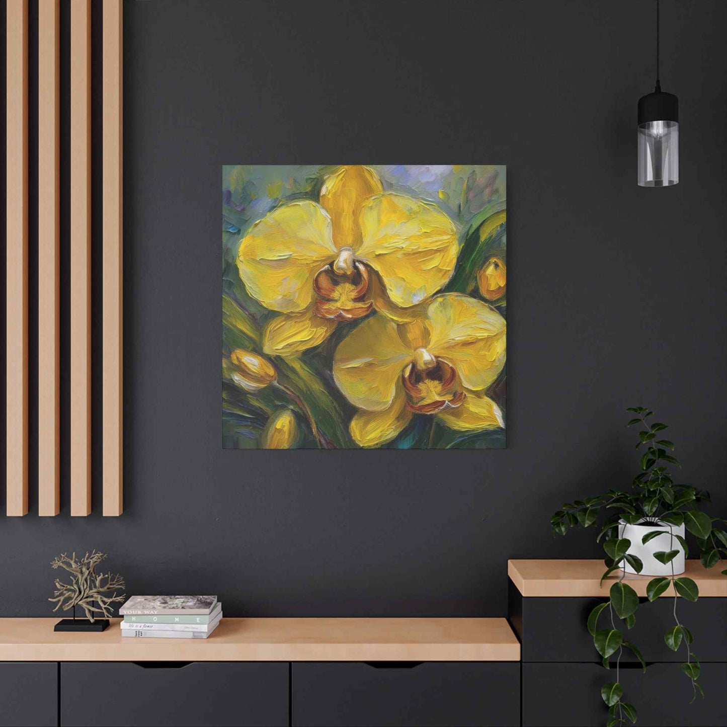Yellow Orchids Print Canvas, Floral Oil Paint Print 20x20, 24x24, 30x30, 32x32, 36x36 Art Design Pine-Wood Inner Frame MC-140