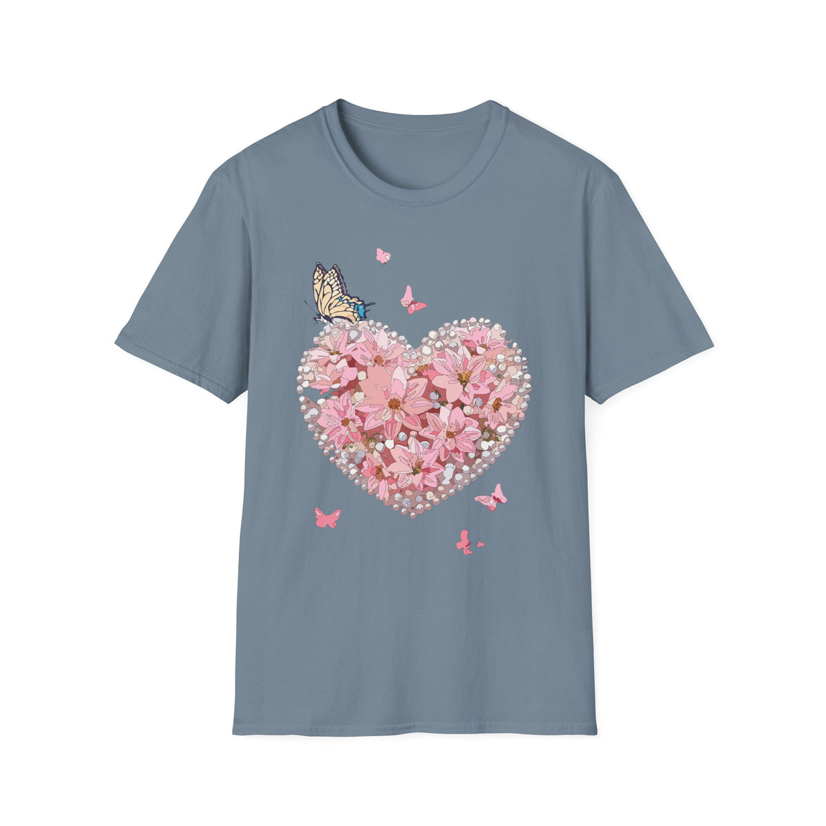 Pink Floral Heart with Butterfly T-Shirt | Spring Floral Graphic Tee Unisex 100 Cotton Gildan T-Shirt