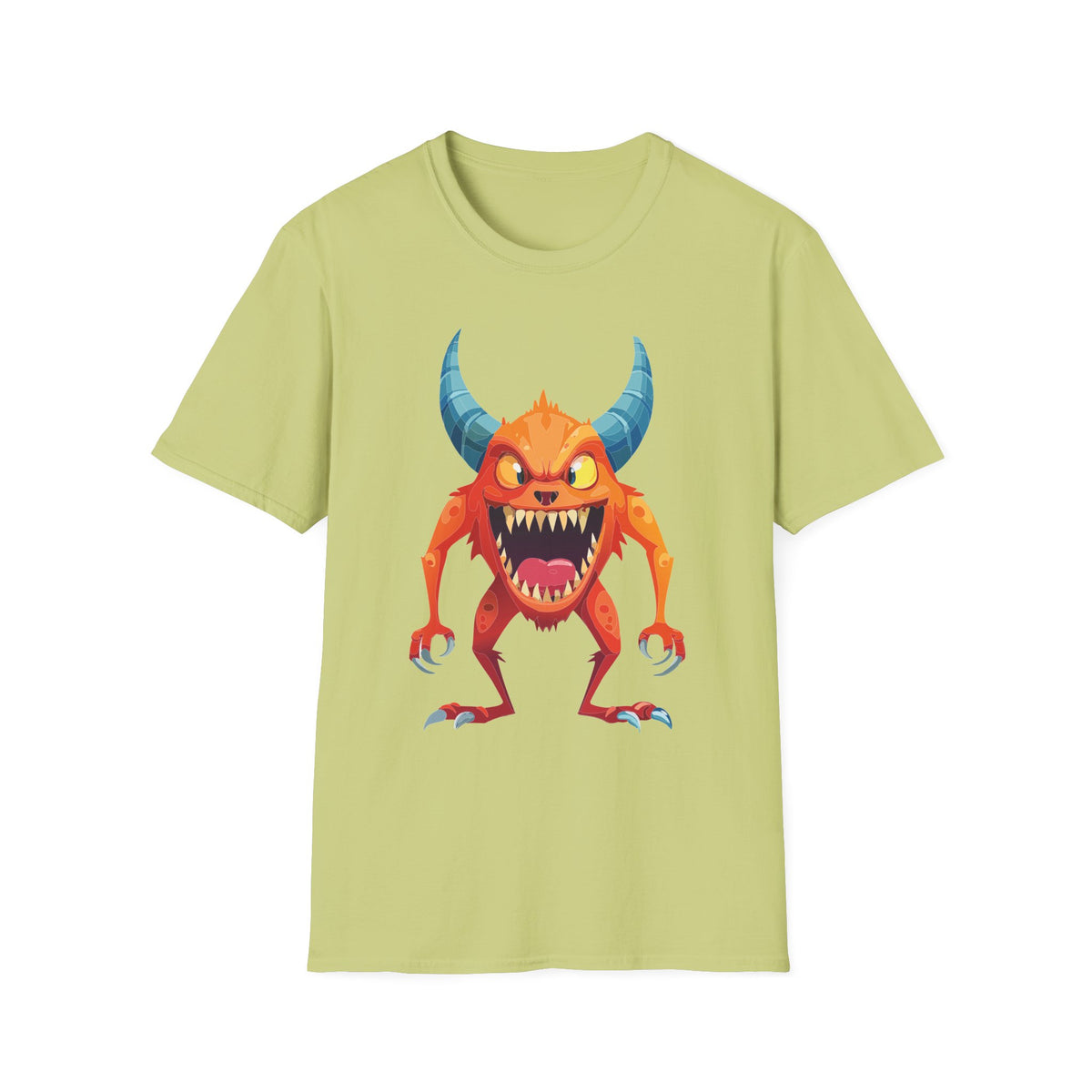 Orange Horned Monster T-Shirt — Cute Scary Cartoon Tee for Kids & Halloween Cartoon Graphic Tee Unisex 100 Cotton Gildan T-Shirt