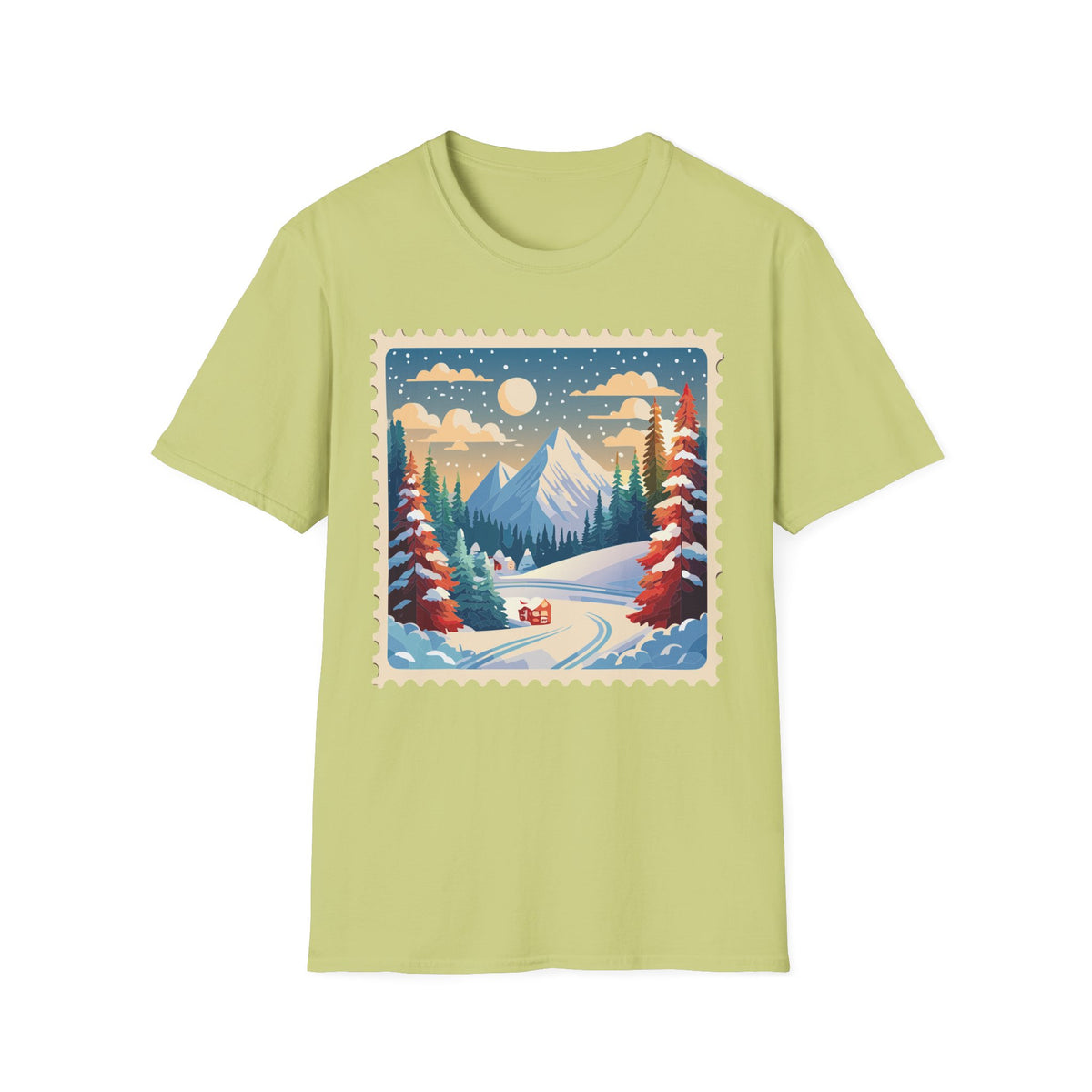 Vintage Winter Mountain Scene T-Shirt | Snowy Peaks Forest Illustration