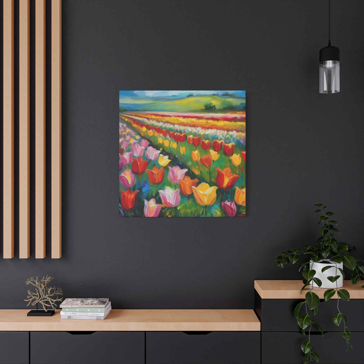 Tulips Fields Print Canvas, Floral Oil Paint Print 20x20, 24x24, 30x30, 32x32, 36x36 Art Design Pine-Wood Inner Frame MC-147