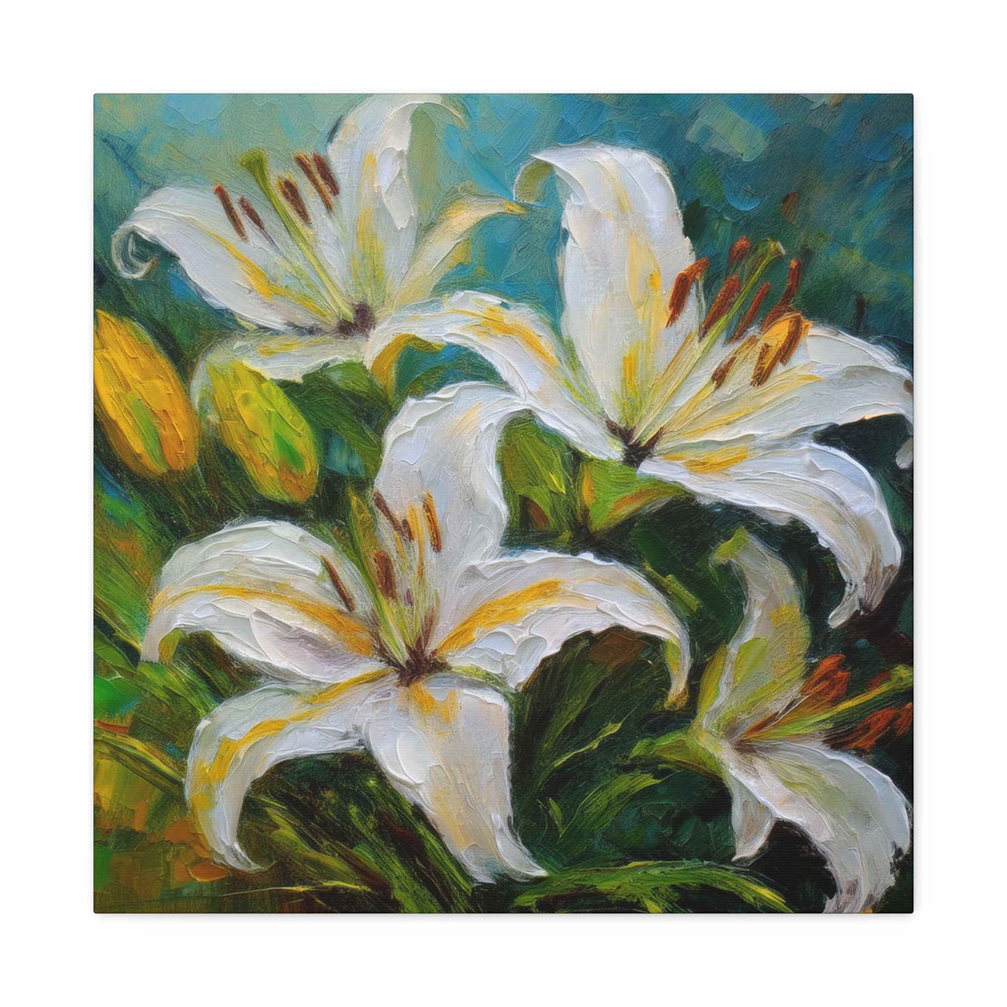 White Lilies Print Canvas, Floral Oil Paint Print 20x20, 24x24, 30x30, 32x32, 36x36 Art Design Pine-Wood Inner Frame MC-153