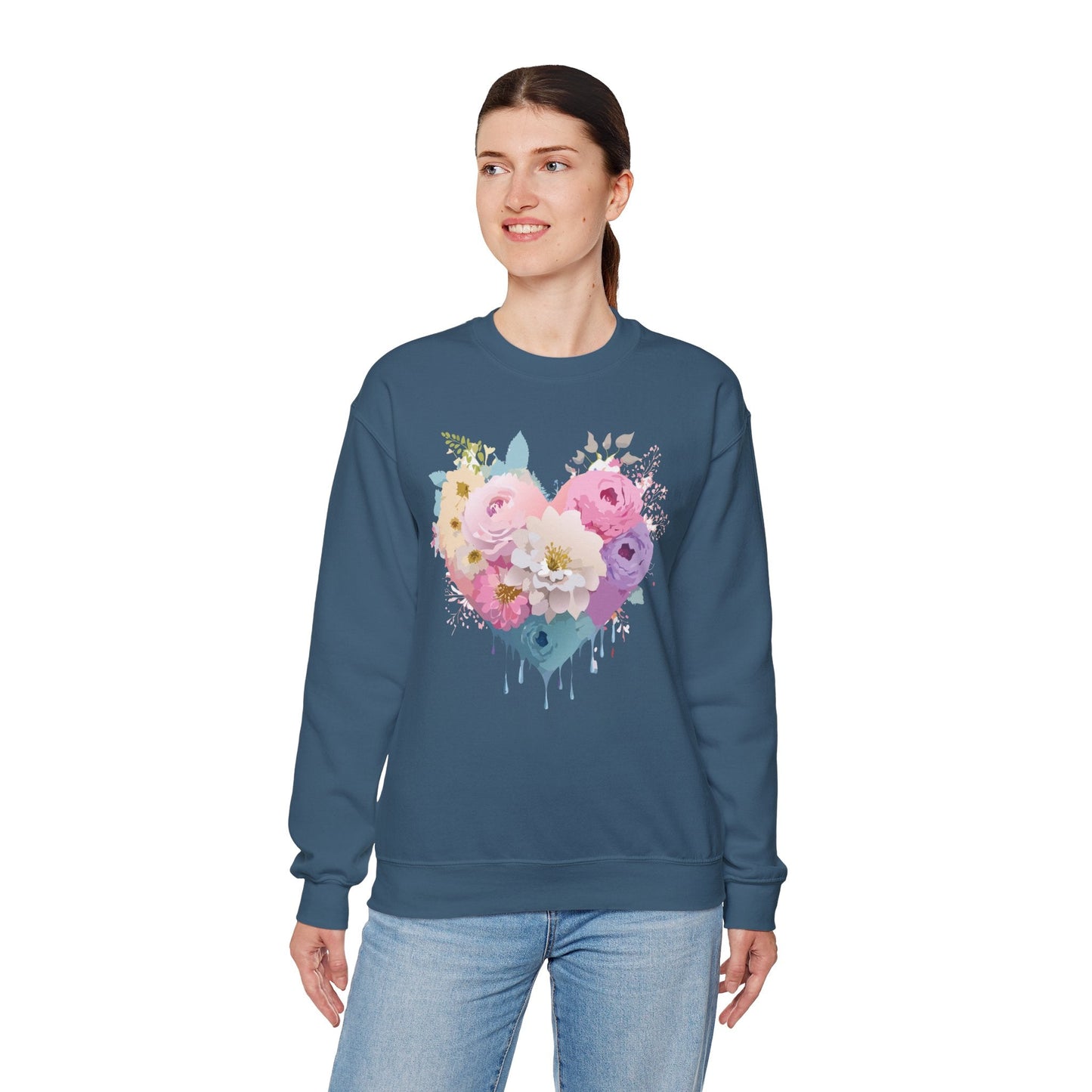 Floral Heart Unisex Crewneck Sweatshirt With Floral Love Valentines Day Design Premium Heavy Blend