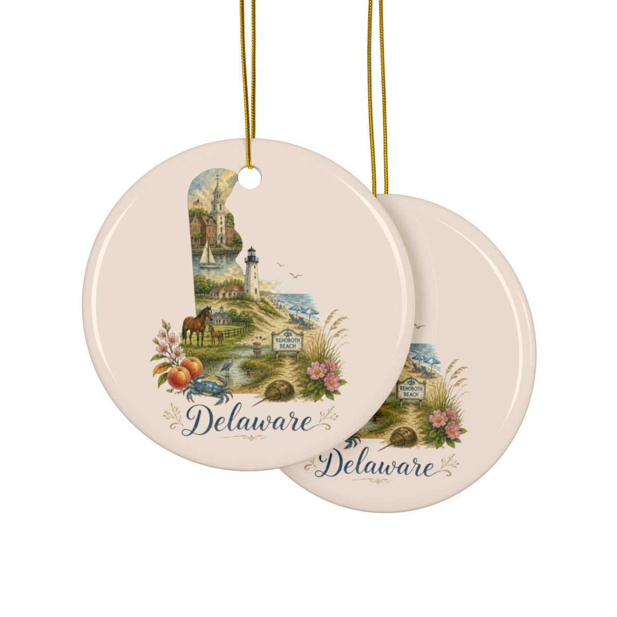 Delaware State Map Collage Ceramic Ornament - 2.99" Includes Gold String