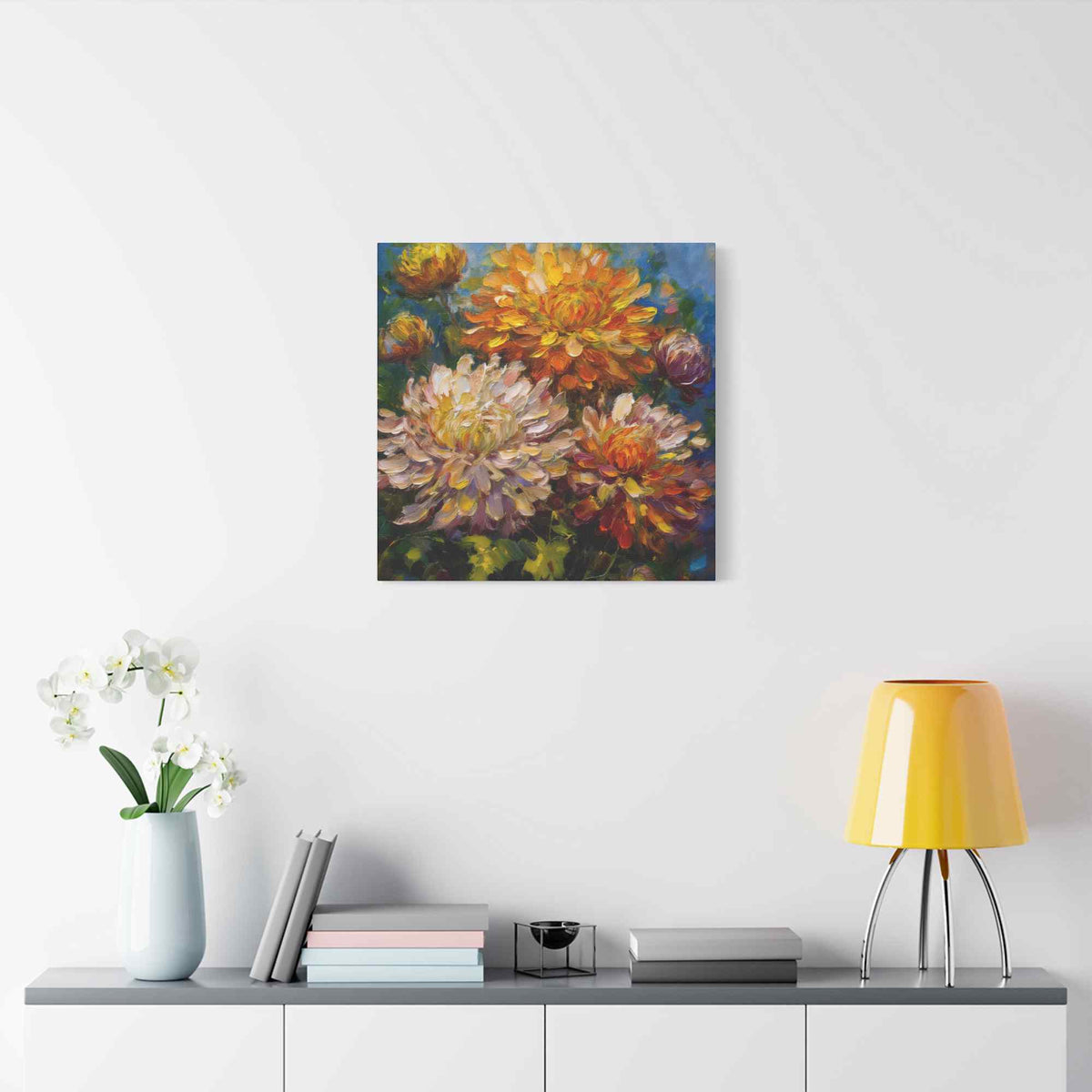 Chrysanthemums Print Canvas, Floral Oil Paint Print 20x20, 24x24, 30x30, 32x32, 36x36 Art Design Pine-Wood Inner Frame MC-156