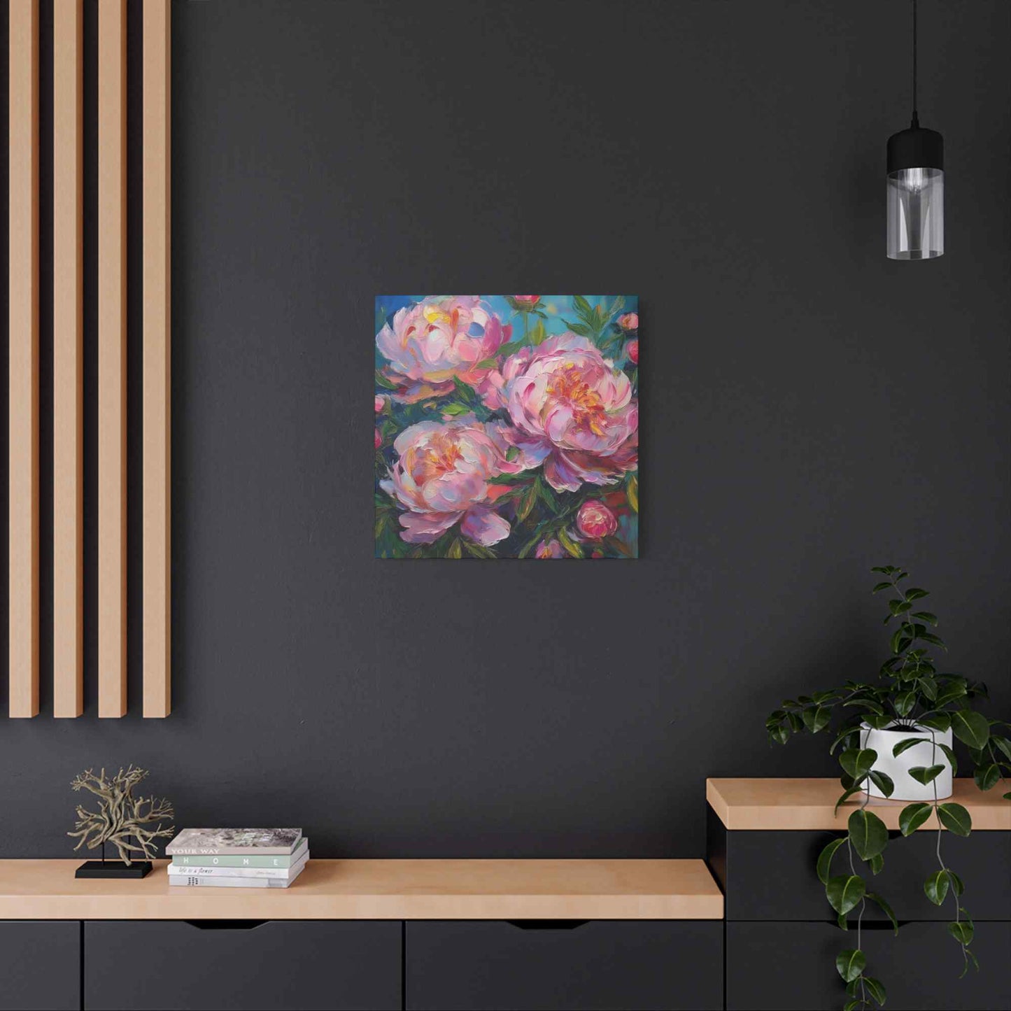 Pink Peonies Print Canvas, Floral Oil Paint Print 20x20, 24x24, 30x30, 32x32, 36x36 Art Design Pine-Wood Inner Frame MC-116