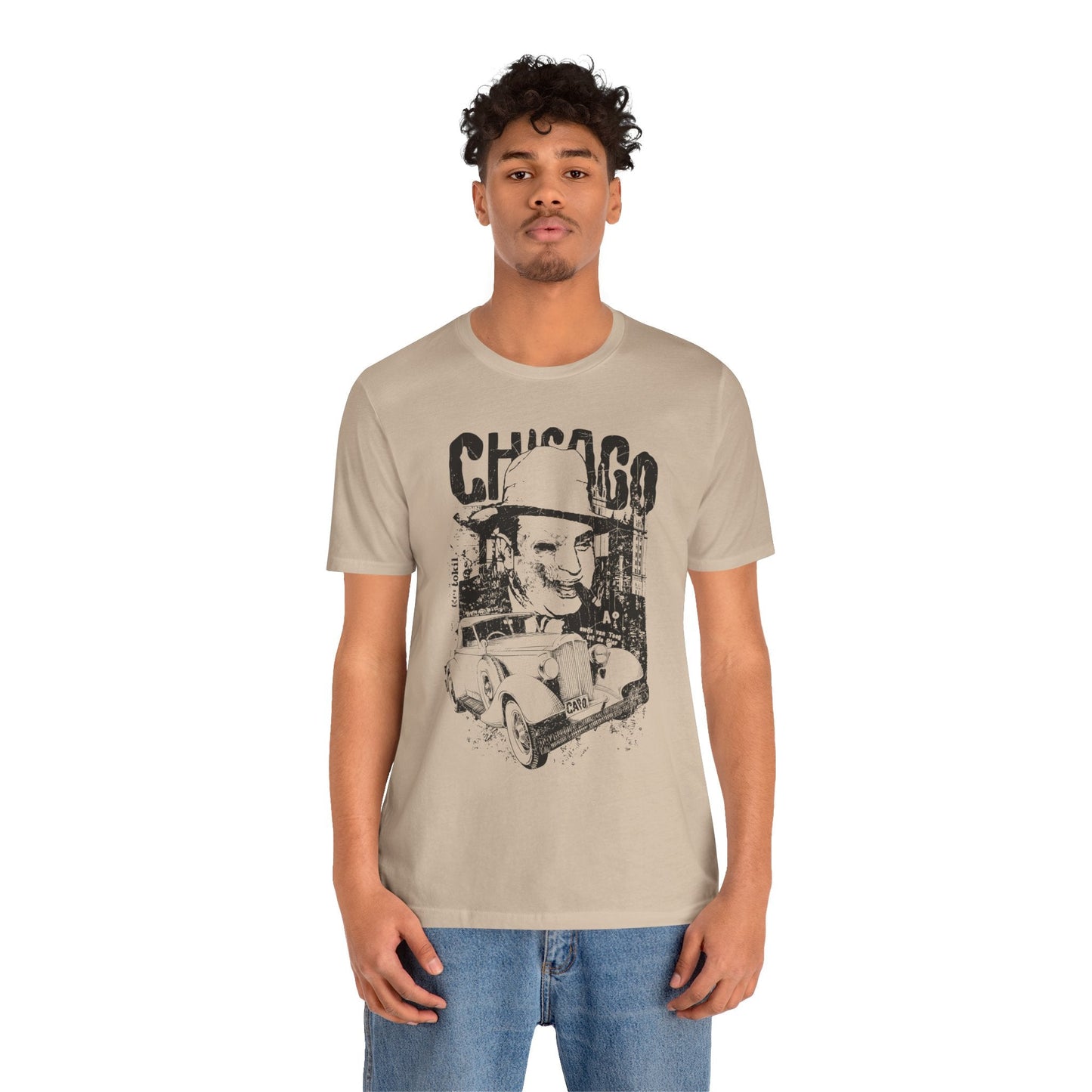 Chicago Retro Mobster Illustration Tee Vintage Car Cityscape Art Design T-Shirt A-8