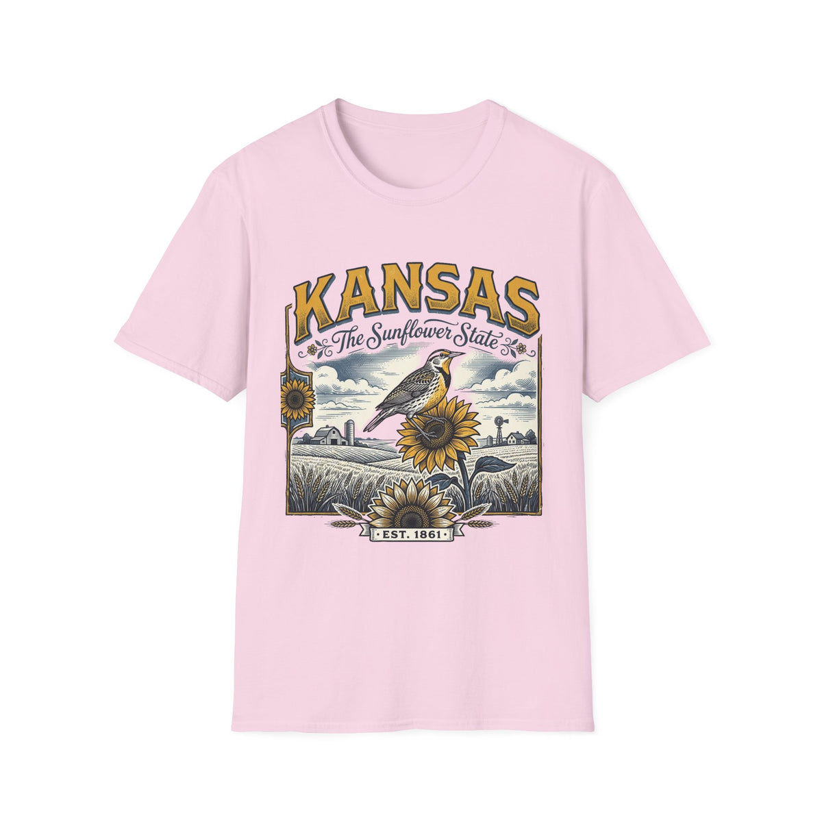 Kansas The Sunflower State T-Shirt | Vintage Meadow Bird Sunflower Design